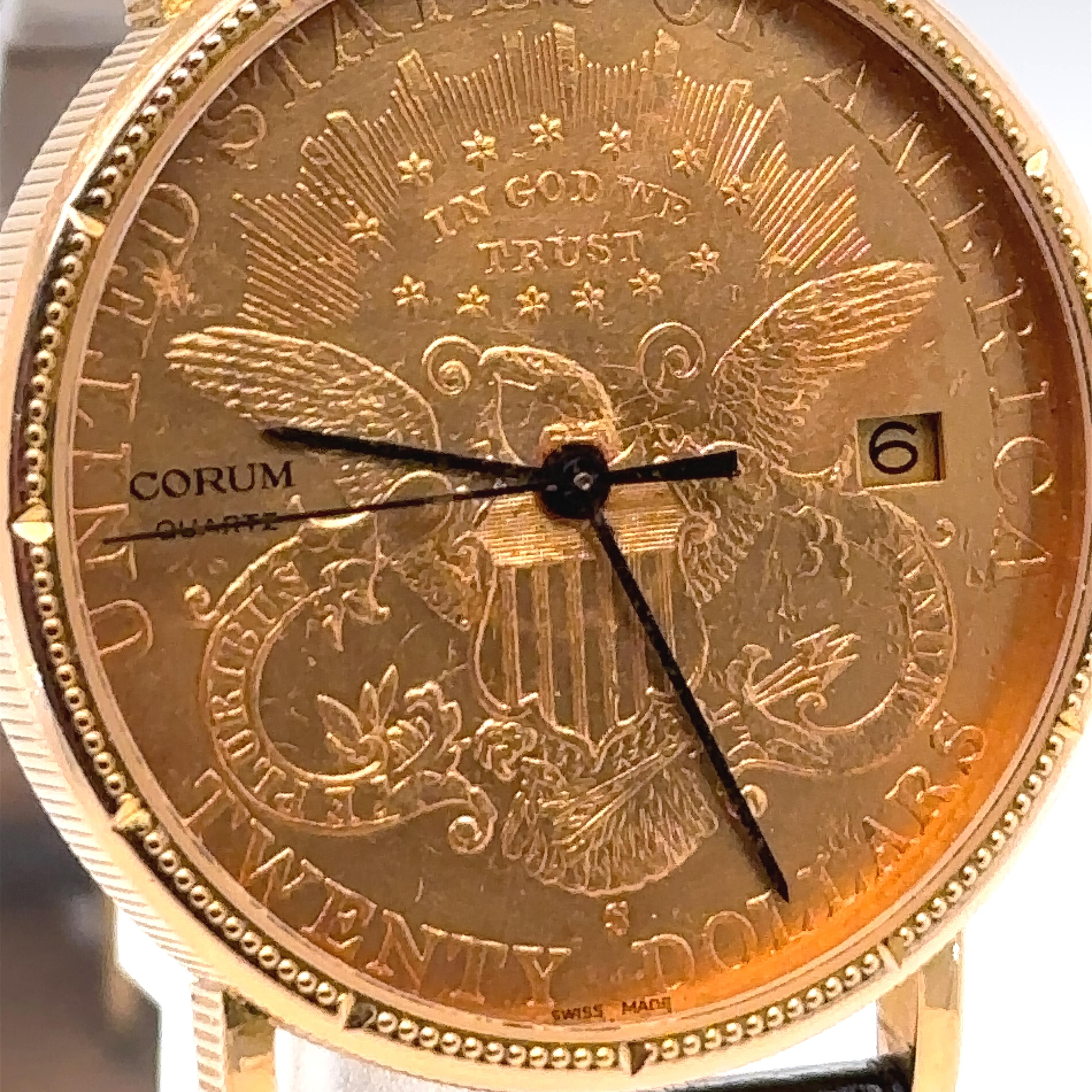 Unique features: 

Corum Double Eagle Coin watch. The case is made of 18ct yellow gold weighing 50g with a leather bracelet.

Metal: 18ct Yellow Gold
Carat: N/A
Colour: N/A
Clarity:  N/A
Cut: N/A
Weight: 50 grams
Engravings/Markings: