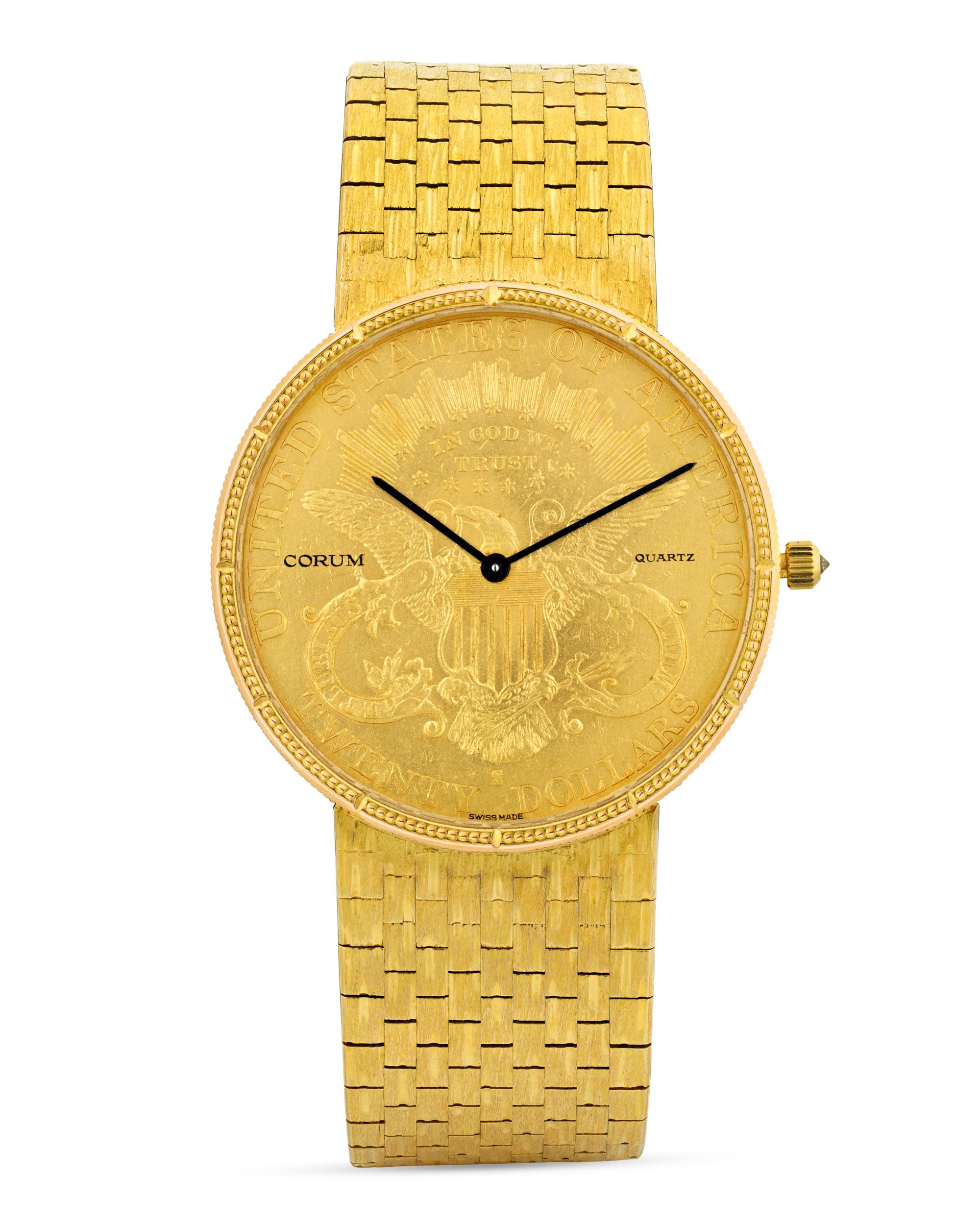 Regal and sophisticated, this gold coin watch by the renowned Swiss watchmaking firm of Corum incorporates a stately 1888 American 20-dollar 