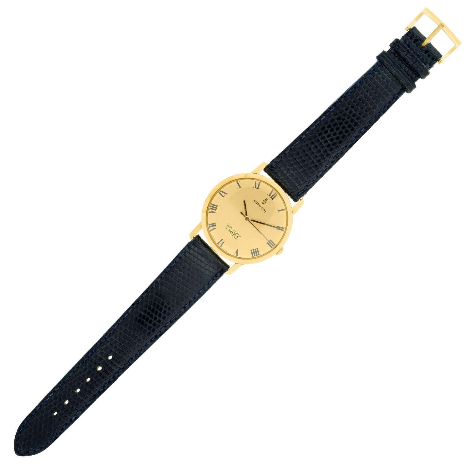 An incredible gold watch from watchmaker Corum for the luxurious designer Van Cleef & Arpels﻿, most likely from the 1960s! This vibrant 18kt yellow gold timepiece displays a classic appeal. The watch's face is comprised of a textured gold face with