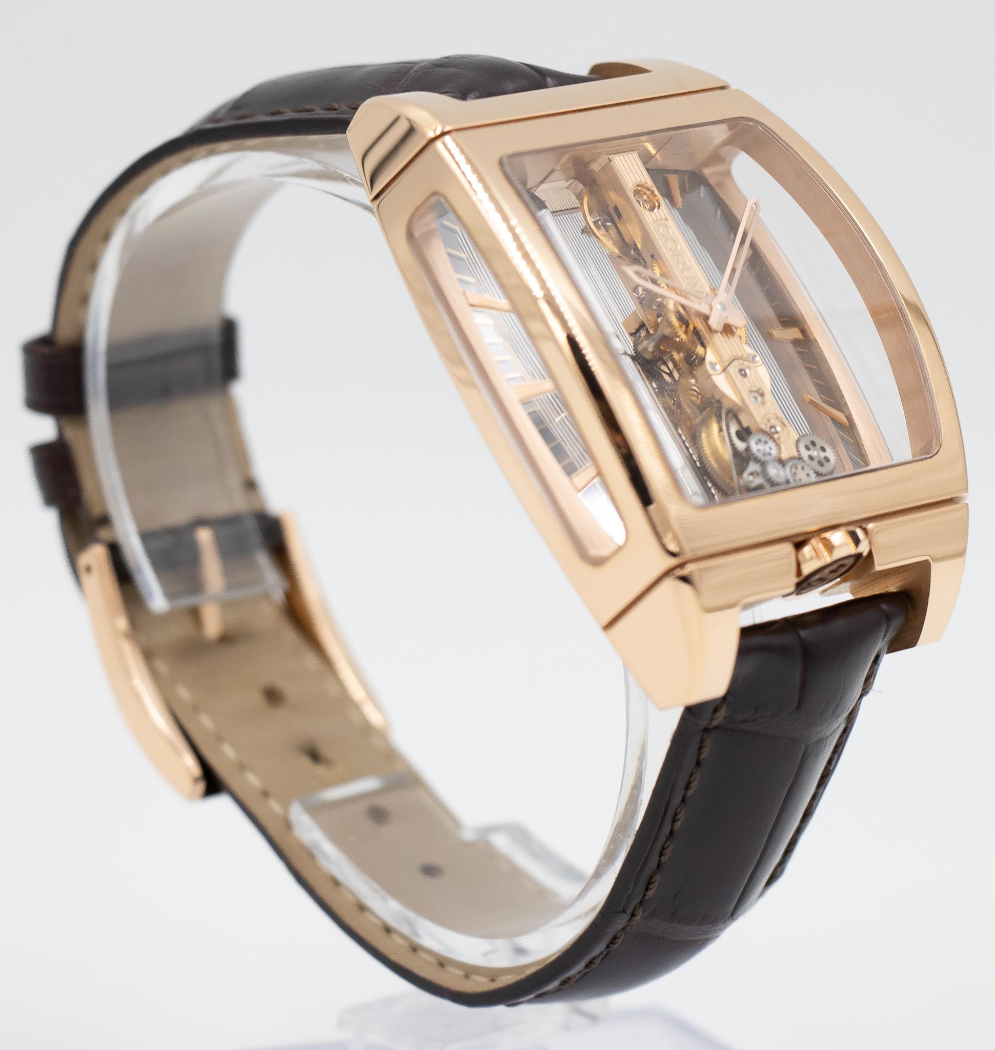 The beautiful Corum watch came to our store as a trade from a collector and is in amazing condition. This wristwatch features a 18k rose gold case, a transparent dial, sides & case-back. The power behind this unique wrist watch is CO313 automatic
