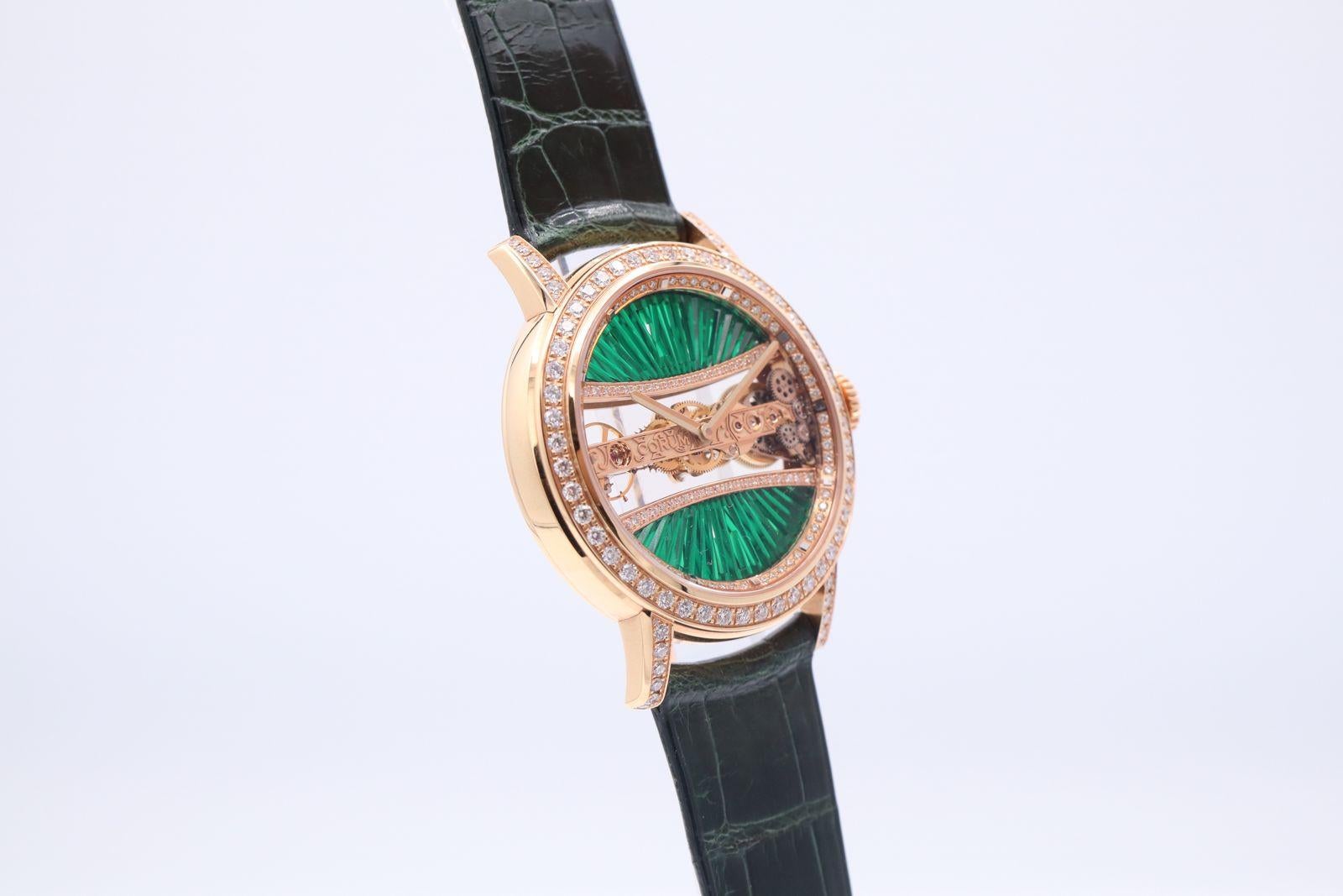 Corum Golden Bridge B113/03292 Emerald Dial Diamonds 18K Rose  Gold watch In Excellent Condition For Sale In New York, NY