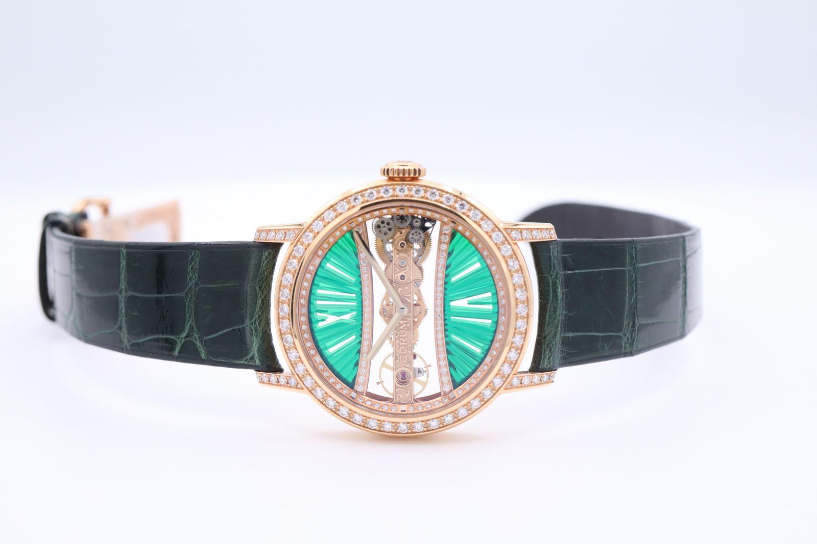 Women's or Men's Corum Golden Bridge B113/03292 Emerald Dial Diamonds 18K Rose  Gold watch For Sale