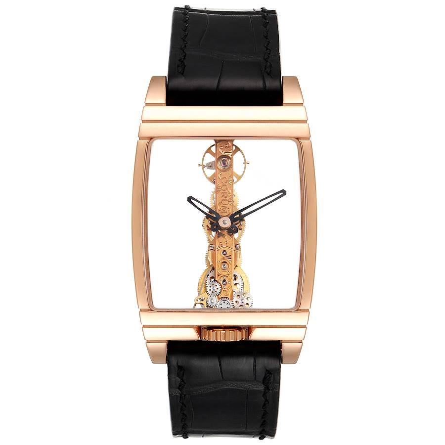 Corum Golden Bridge Classic Rose Gold Skeleton Mens Watch B113/01043. Manual-winding decorated linear movement. Caliber CO 113. 19 Jewels. 18k rose gold tonneau sceleton case 34.00 x 51.00 mm. Transparent case back. The crown is located at the 6