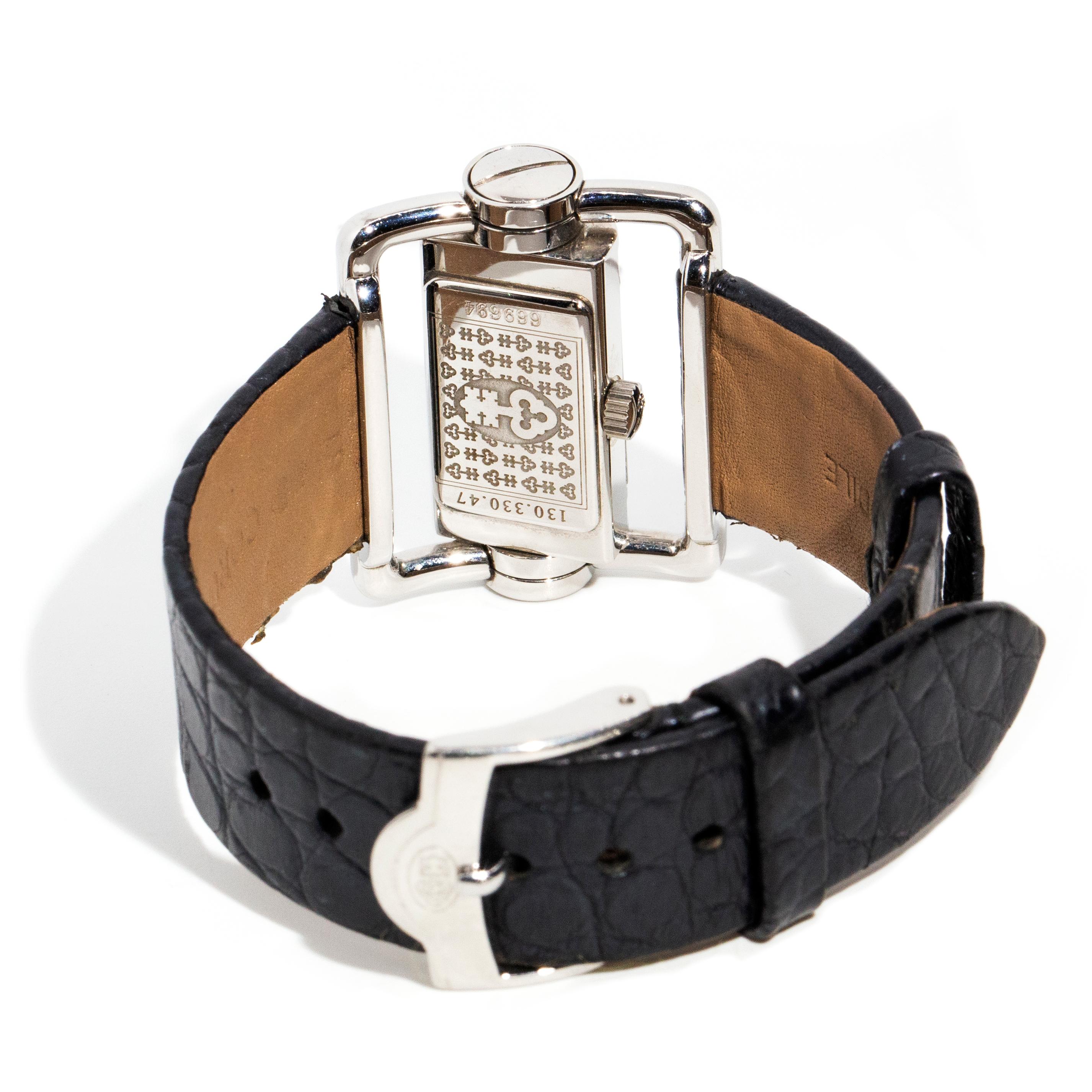 Corum Horizontal Diamond Ladies Steel Watch Black Leather Strap For Sale 2
