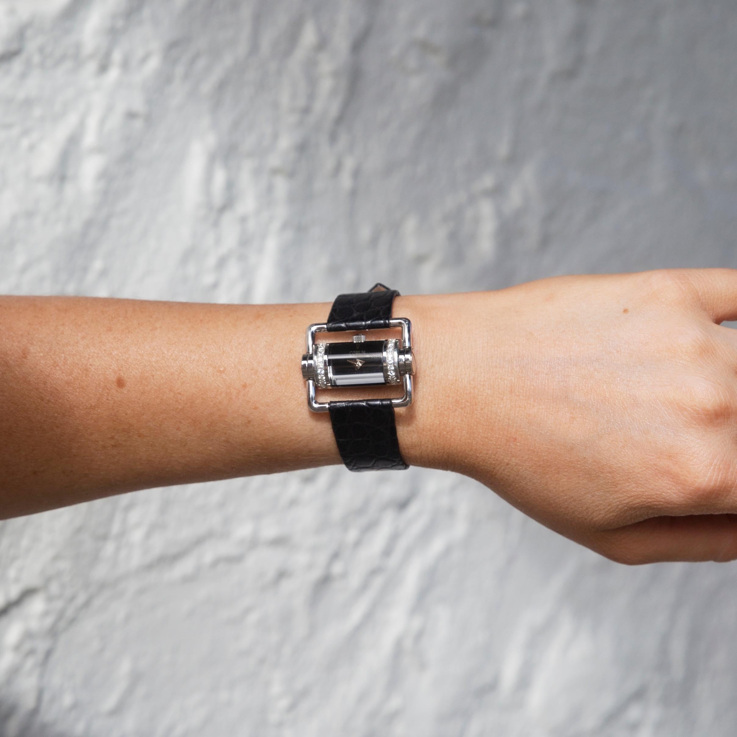 Corum Horizontal Diamond Ladies Steel Watch Black Leather Strap En vente sur 1stDibs