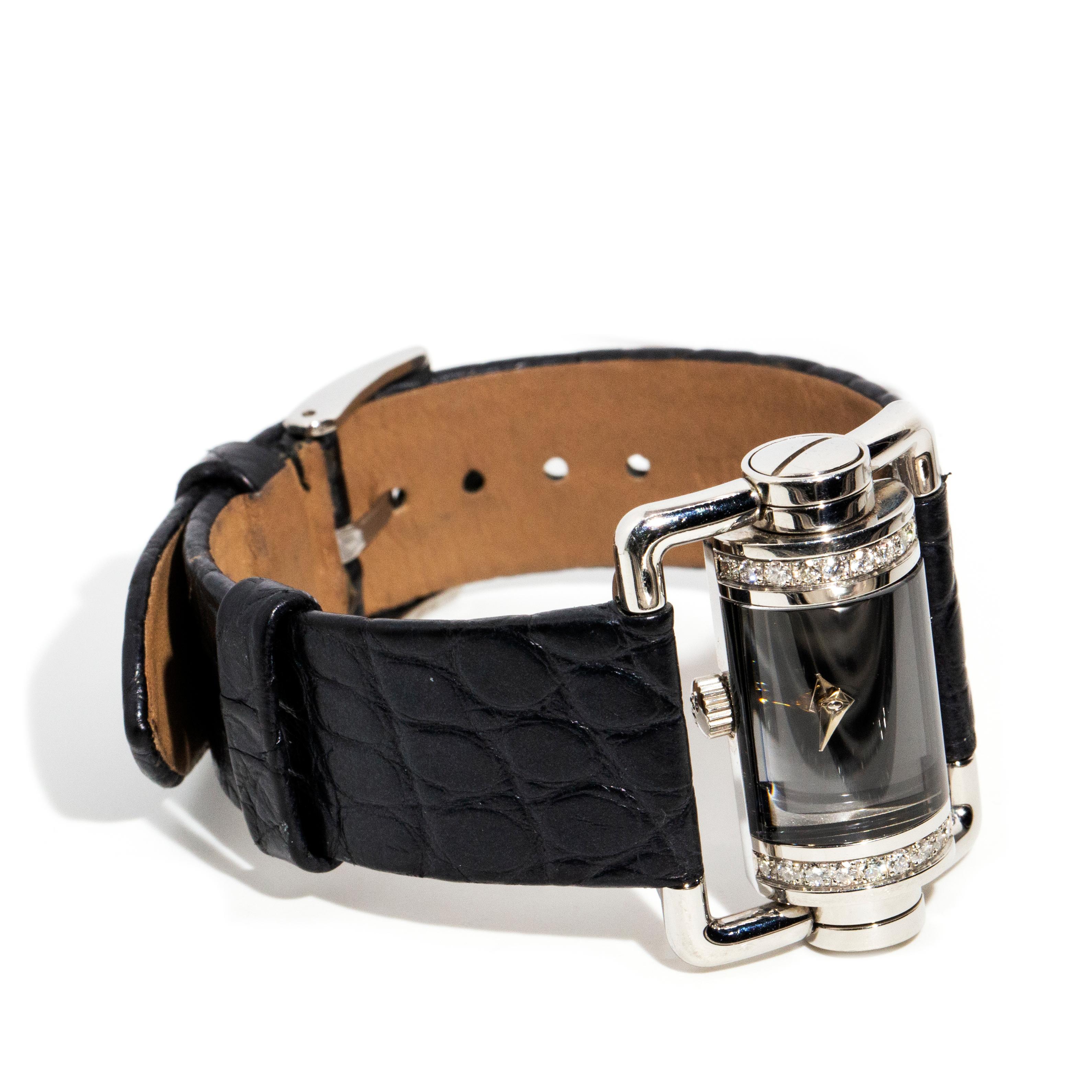 Round Cut Corum Horizontal Diamond Ladies Steel Watch Black Leather Strap