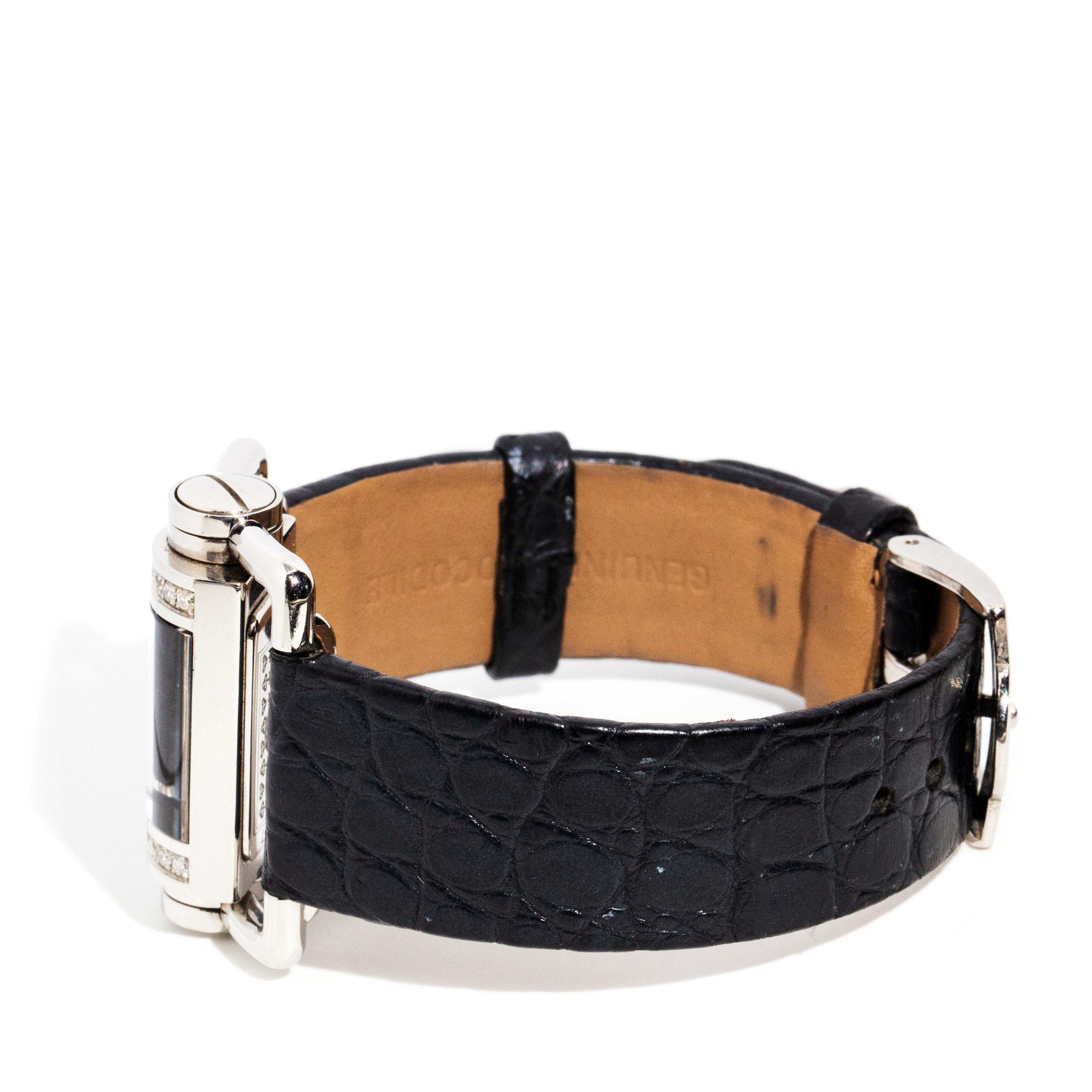 Women's or Men's Corum Horizontal Diamond Ladies Steel Watch Black Leather Strap For Sale