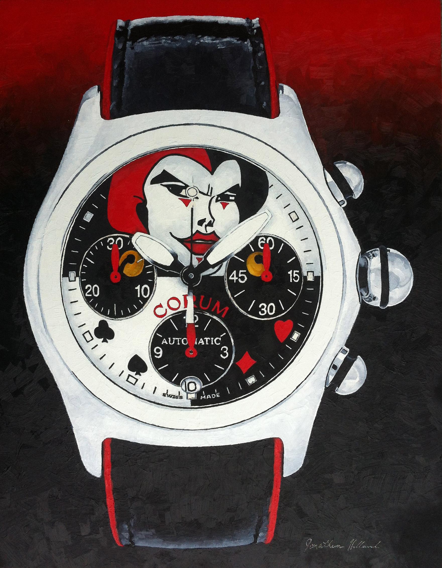 Corum Joker Calendar Chronograph wristwatch painting by Jonathan Holland.

This beautiful painting captures one of the most sought after timepieces in history. This being the Corum Joker Calendar Chronograph wristwatch. Created by hand, oil paints