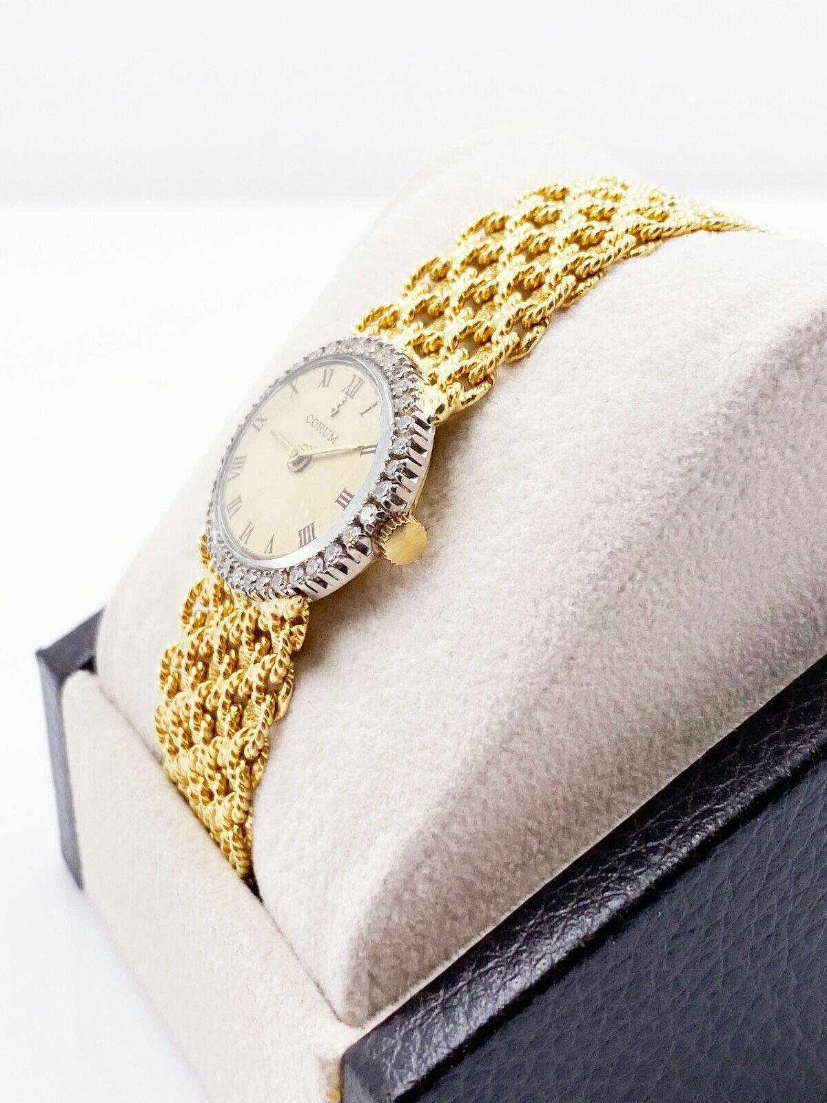 Round Cut Corum Ladies Diamond Bezel 18 Karat Yellow and White Gold Watch For Sale