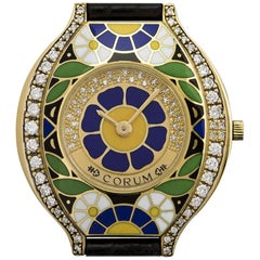 Vintage Corum Ladies yellow Gold Diamond Enamel Blue Floral Motif quartz Wristwatch