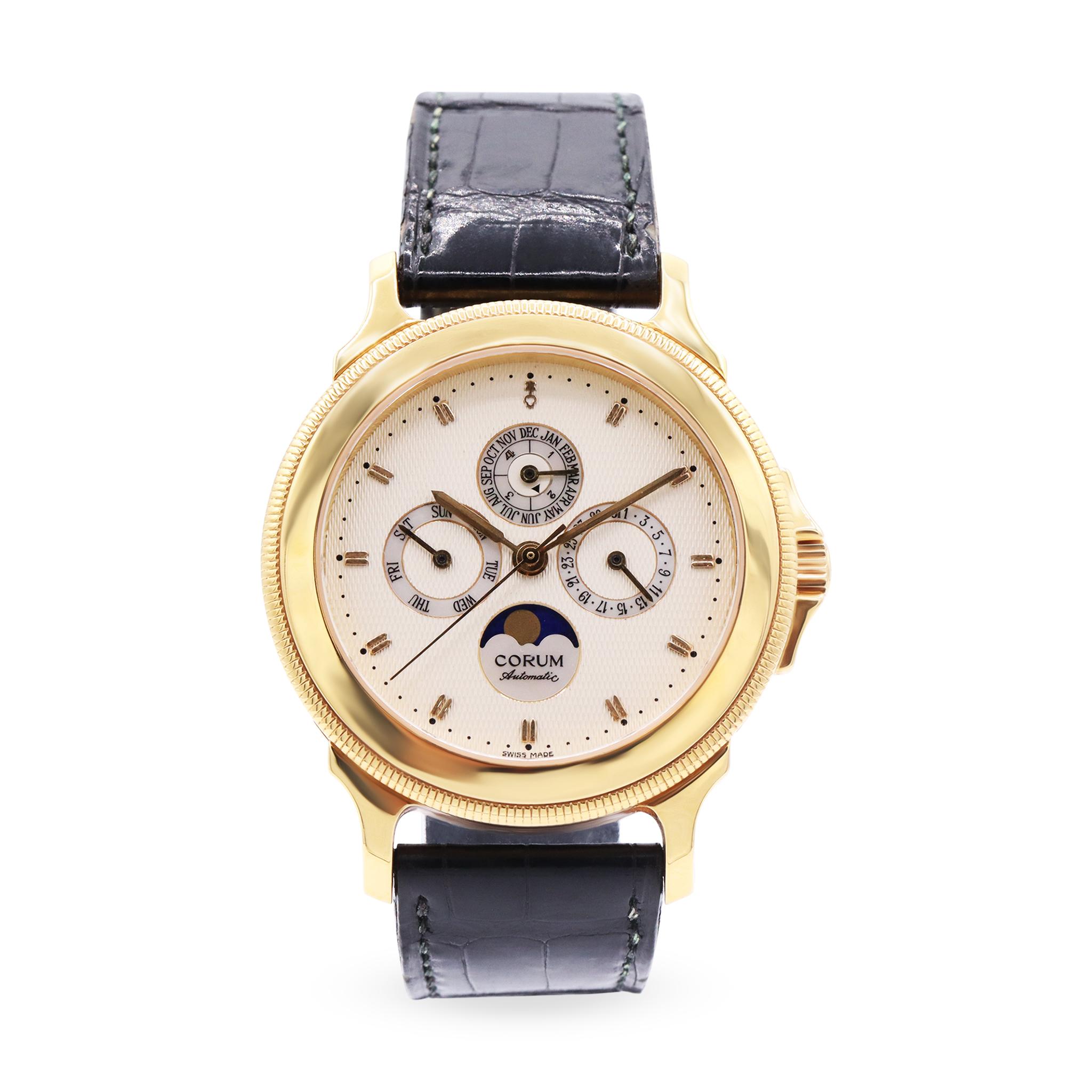 Corum Limited Edition Perpetual Calendar Temps Mecanique 18K Yellow Gold watch
For more details leave us a message

Model                  
Temps Mecanique
Reference Number
84.111.56
Gender
Unisex
Metal
18K Yellow Gold
Case Size
40 mm
Wrist