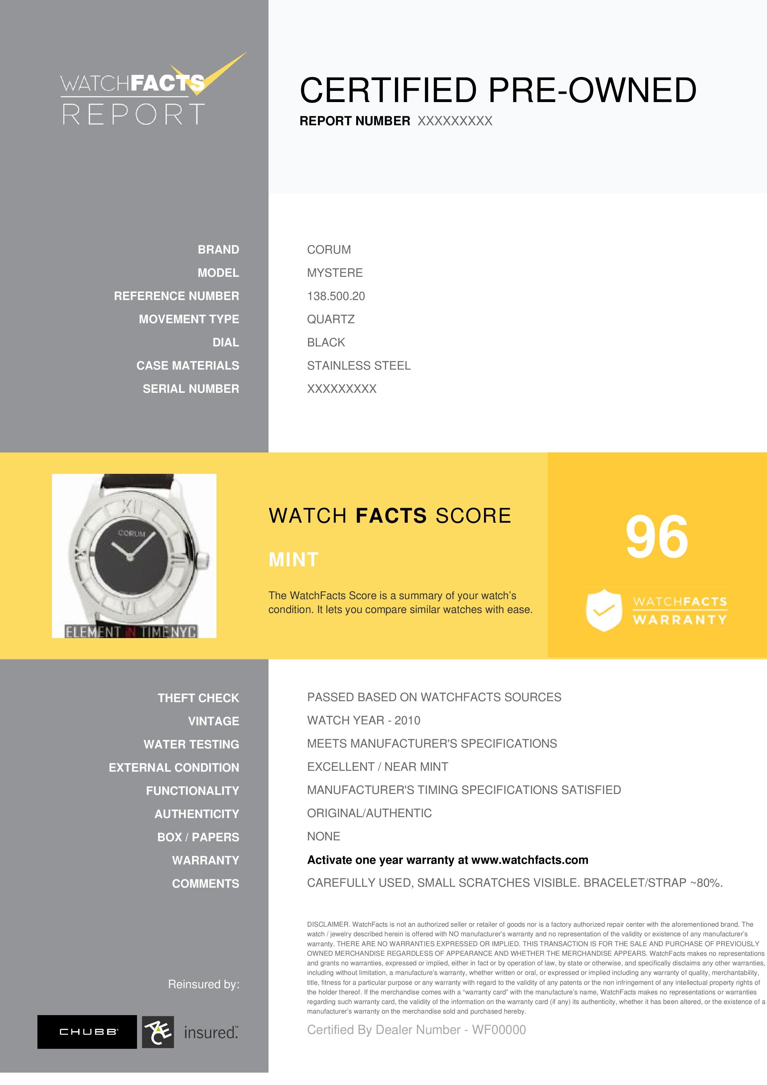 Corum Mystere Reference #: 138.500.20. Mens Quartz Watch Stainless Steel Black 44 MM. Verified and Certified by WatchFacts. 1 year warranty offered by WatchFacts.
