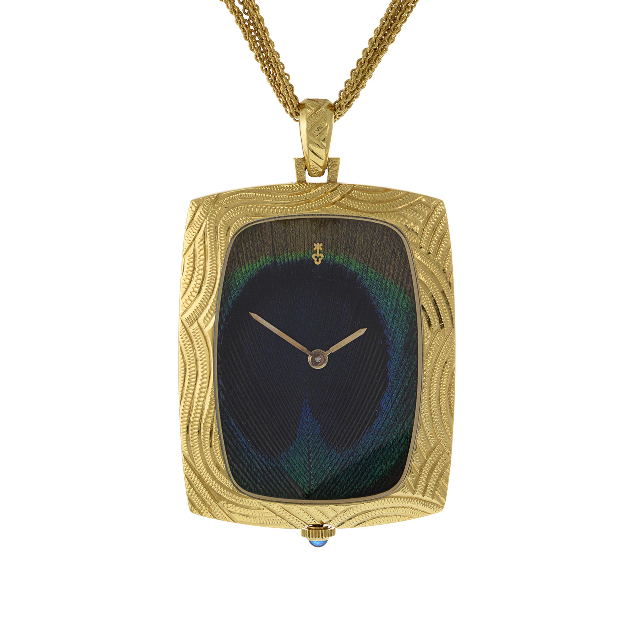 Retro Corum Peacock Feather 18K Yellow Gold Pocket Watch For Sale