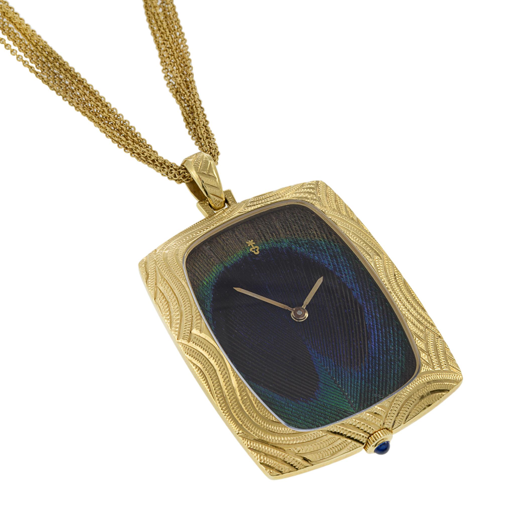 Retro Corum Peacock Feather 18K Yellow Gold Pocket Watch For Sale