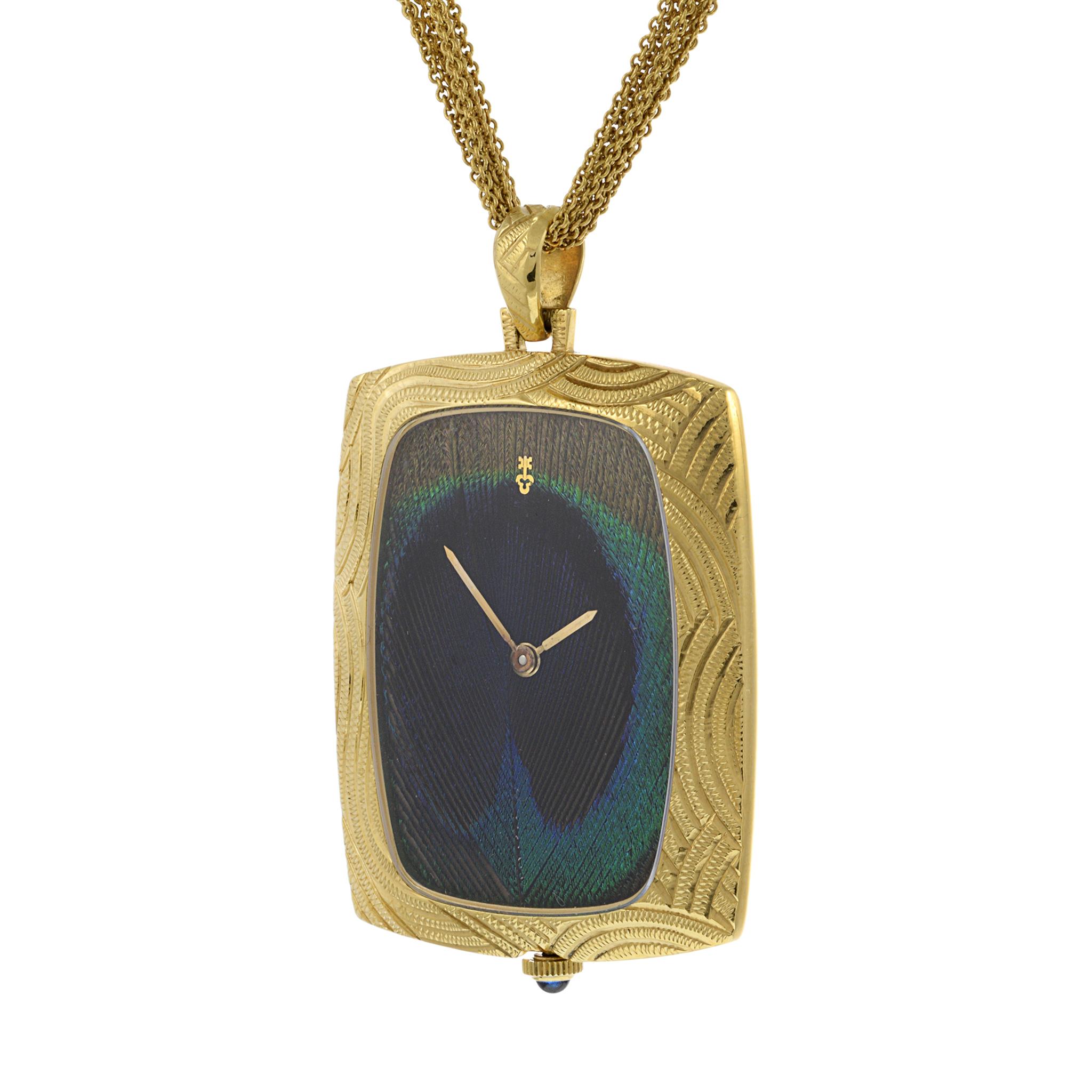 Retro Corum Peacock Feather 18K Yellow Gold Pocket Watch For Sale