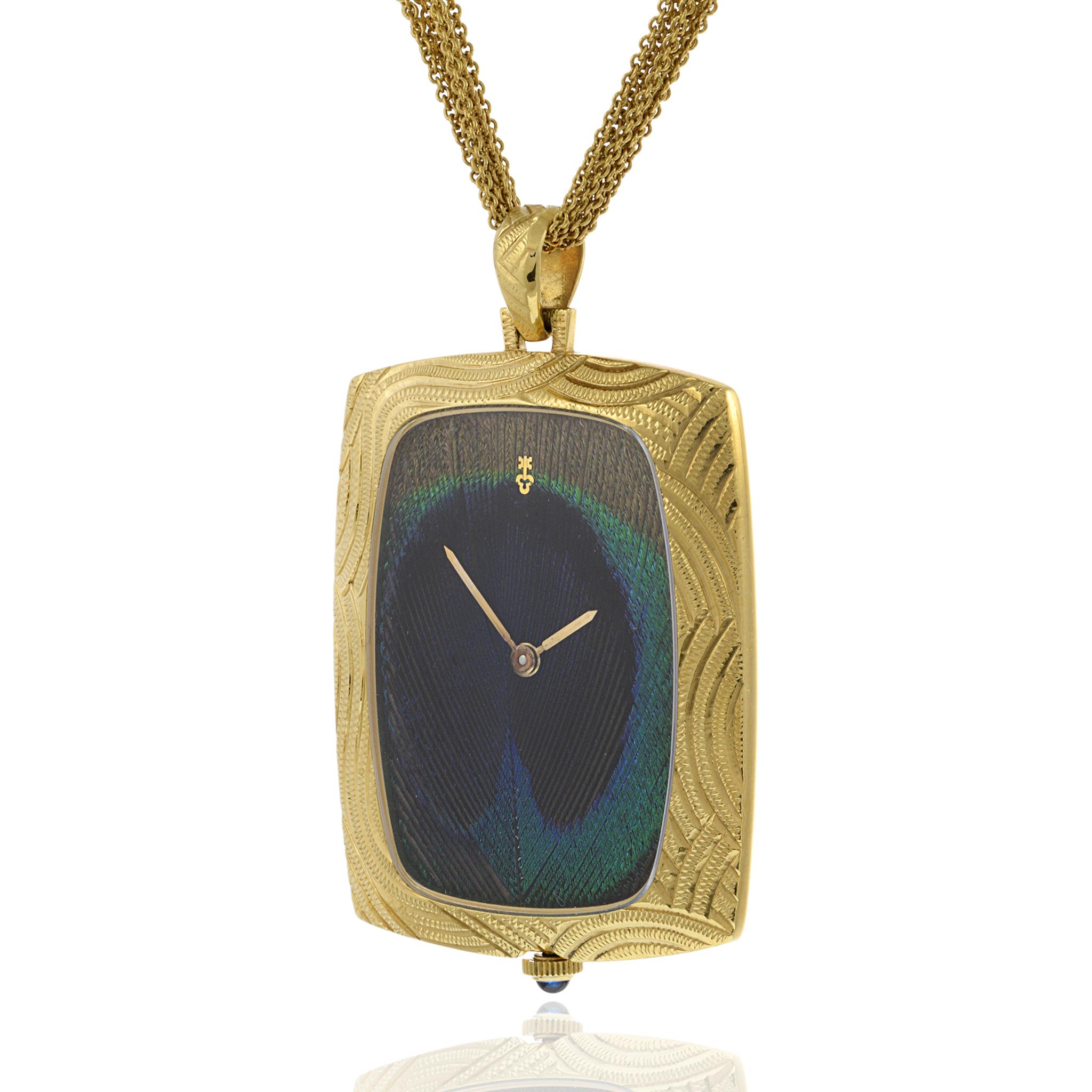 Women's or Men's Corum Peacock Feather 18K Yellow Gold Pocket Watch For Sale