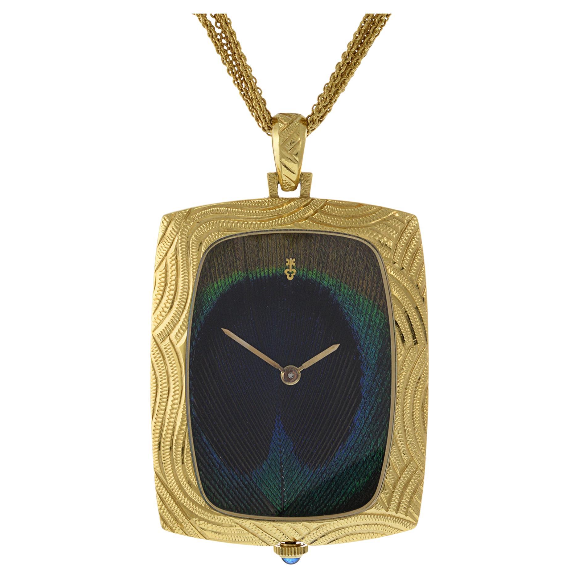 Corum Peacock Feather 18K Yellow Gold Pocket Watch For Sale