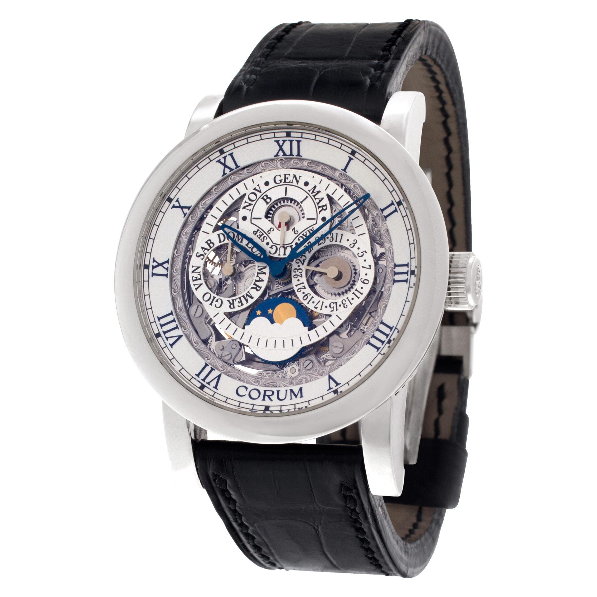 Corum Perpetual Calendar Skeleton in platinum on leather strap with 18k white gold deployant buckle. Auto w/ moonphase and perpetual calendar. 42 mm case size. Ref 183.201.70. Fine Pre-owned Corum Watch. Certified preowned Corum Perpetual Calendar