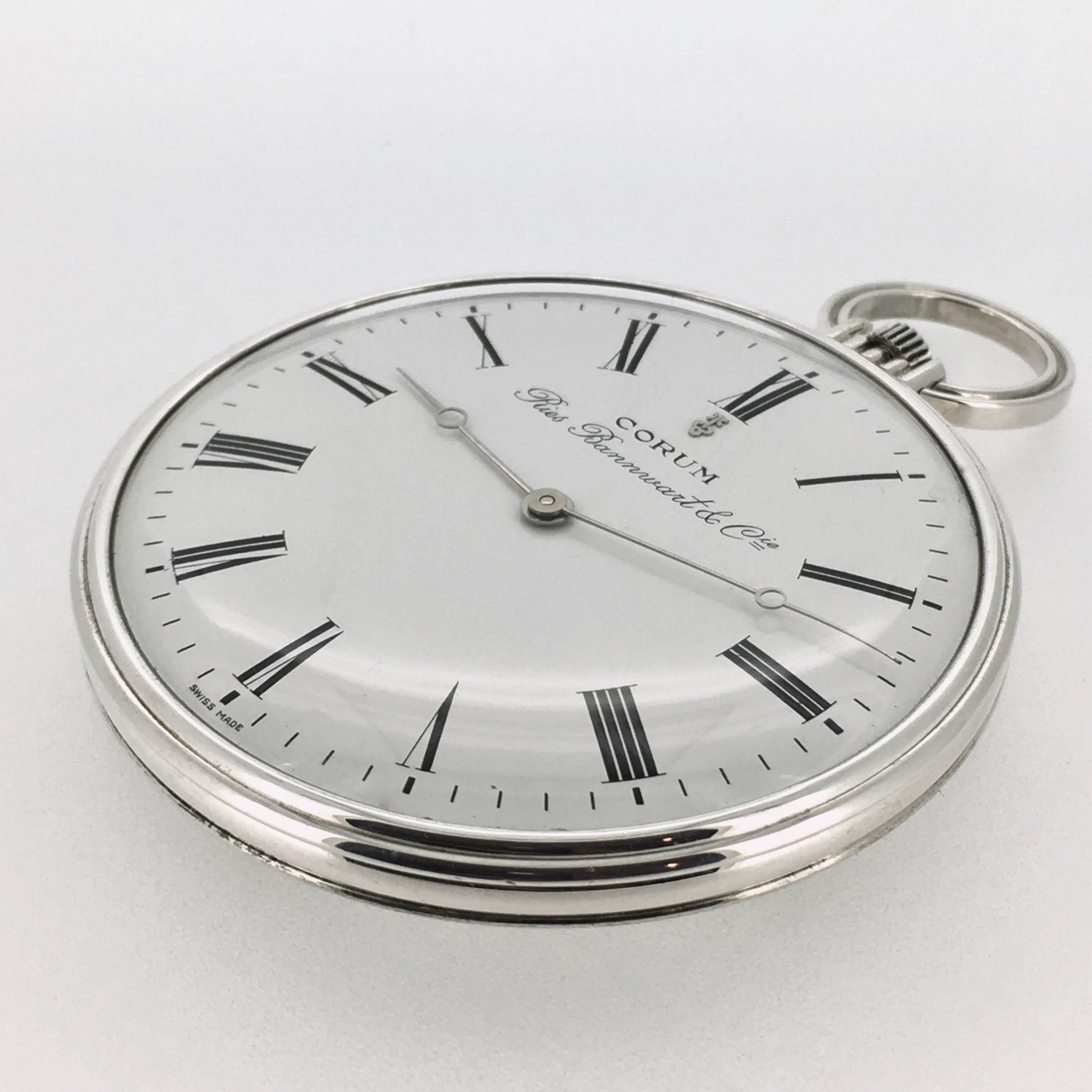 Sterling silver Corum pocket watch, Ries Bannnwart & Cie. edition. This very seldom Corum classic pocket watch is in excellent condition. Besides the high standard movement, our watchmaker was highly charmed by the minute and hour hand being so