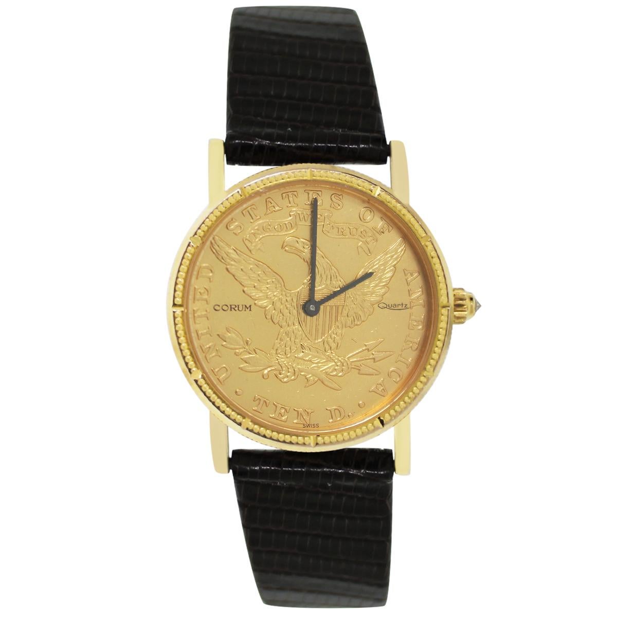 Brand: Corum
MPN: BF505551
Case Material: 18k Yellow Gold
Case Diameter: 28mm
Crystal: Scratch resistant sapphire
Bezel: 18k yellow gold
Dial: $10 coin dial with black hour and minute hands
Bracelet: Genuine lizard leather
Size: Will fit up to an 8″