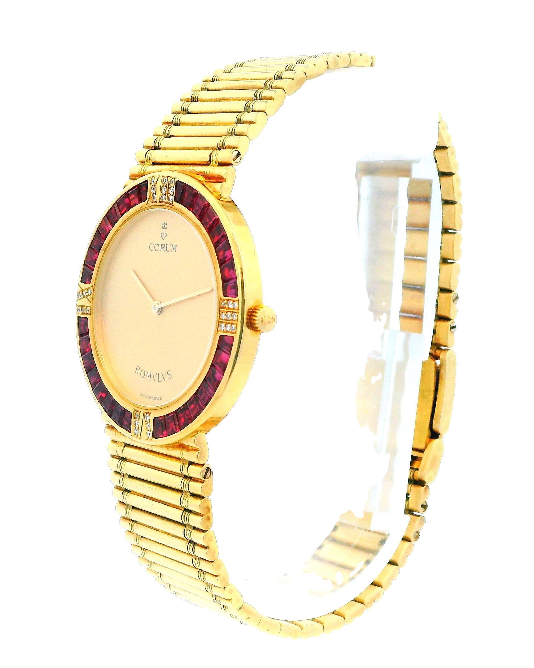 Baguette Cut Corum Romulus 18K Yellow Gold Ruby Bag Bezel Reeded Link Bracelet For Sale