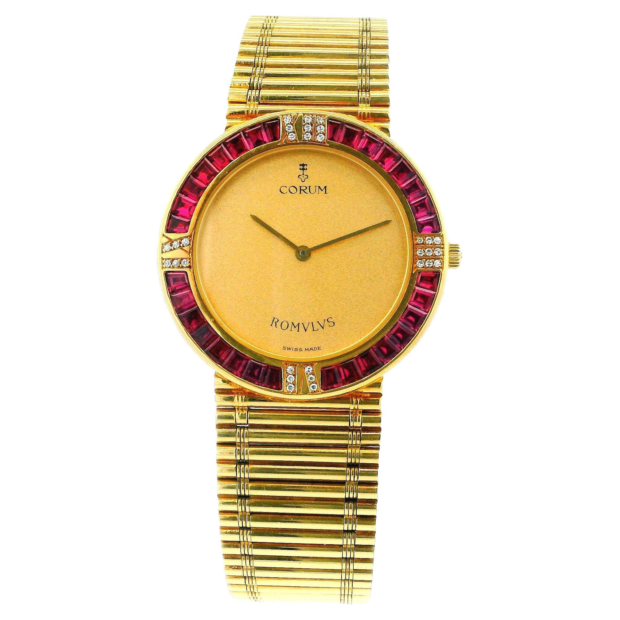 Corum Romulus 18K Yellow Gold Ruby Bag Bezel Reeded Link Bracelet For Sale