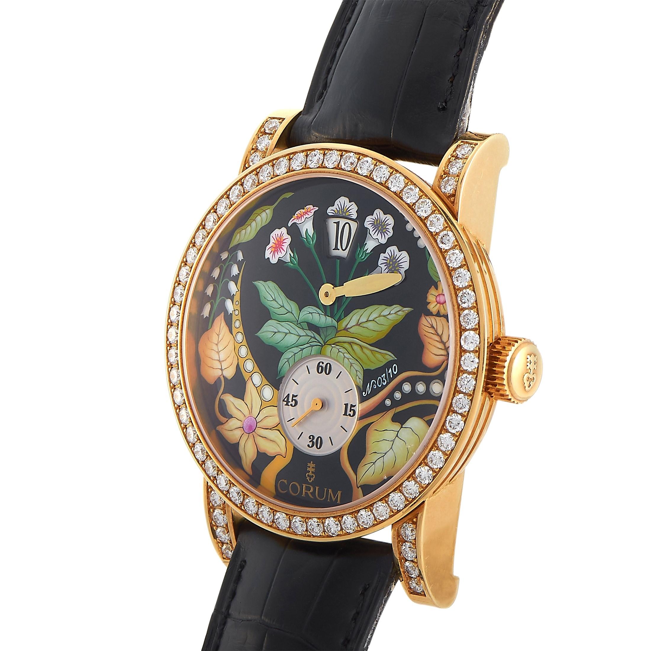 A combination of elegance, the Corum Rose Gold Diamond Flower Dial, reference number 154.201.65, is designed for the most sophisticated of women. Boasting a 42mm enamel flower dial, the timepiece is truly art given form. 

The dial is crafted with