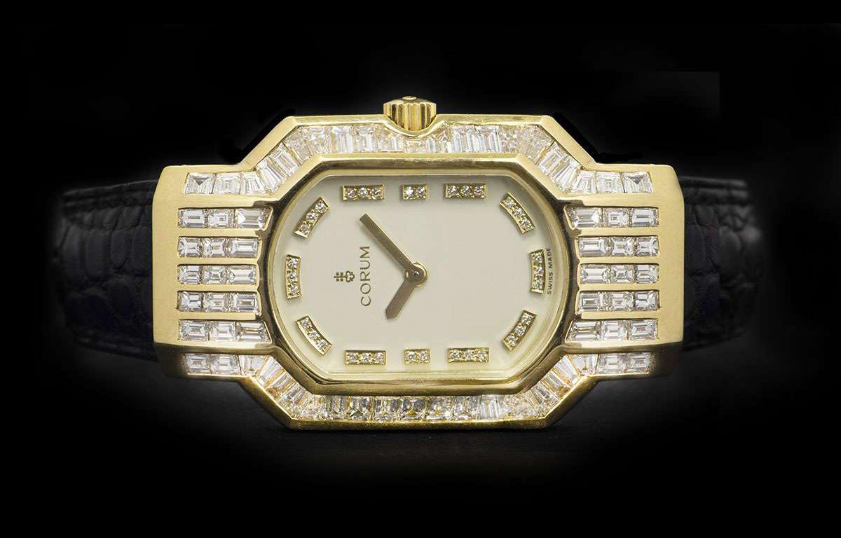 Baguette Cut Corum Rue De La Paix Ladies 18 Karat Gold White Dial Diamond Set 185.751.56