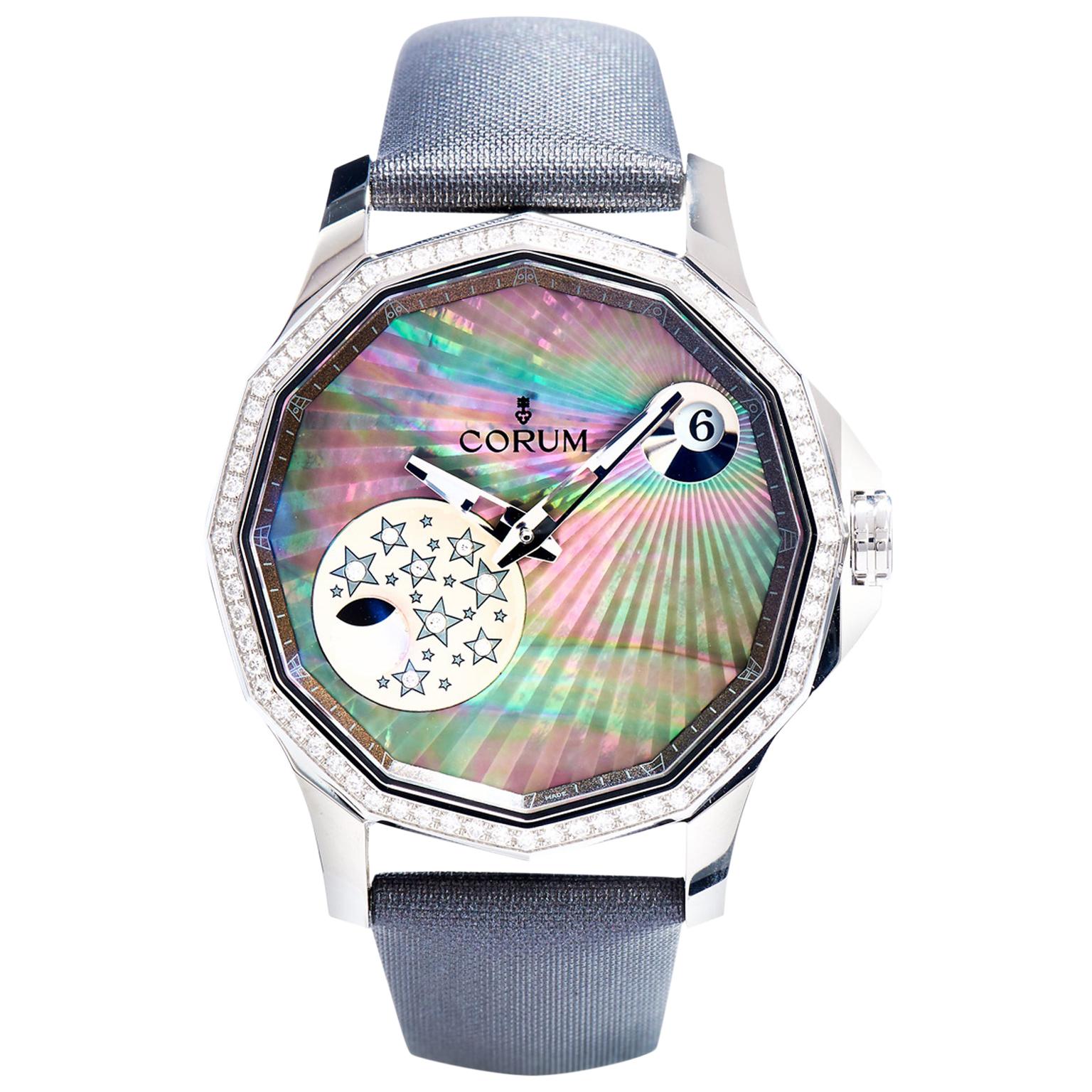 Corum Mystery Moon Armbanduhr aus Edelstahl mit Diamant-Lünette im Angebot