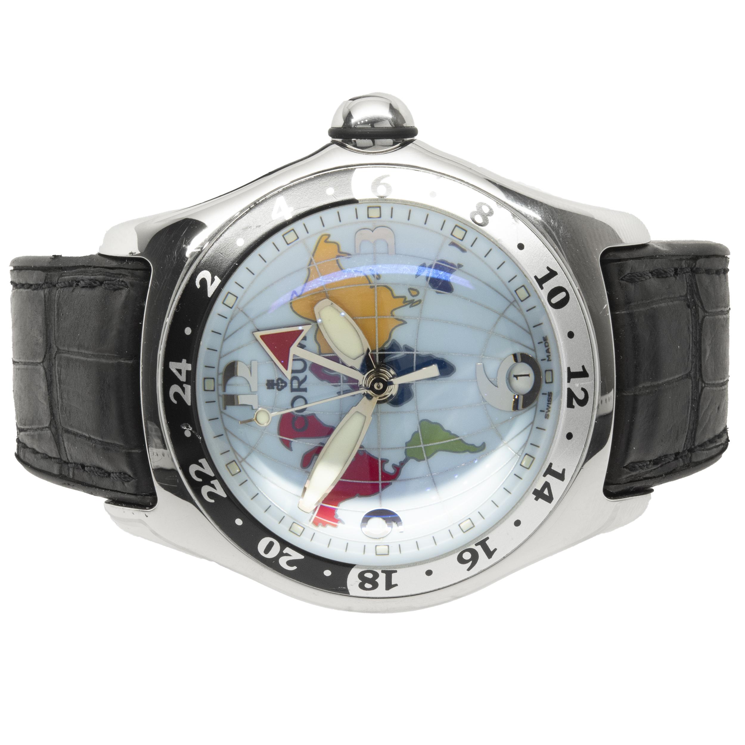 Movement: automatic
Function: hours, minutes, seconds
Case: 47mm stainless steel round case, sapphire bubble crystal, push/pull crown
Band: black leather strap, stainless steel corum deployment clasp
Dial: world map
Serial #: 80XXX
Reference #: