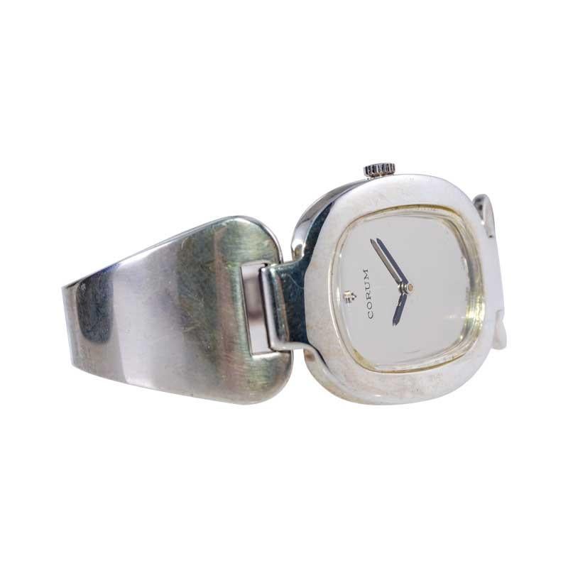 Corum Sterling Silver Cuff Style Manual Watch, 1970s In Excellent Condition In Long Beach, CA