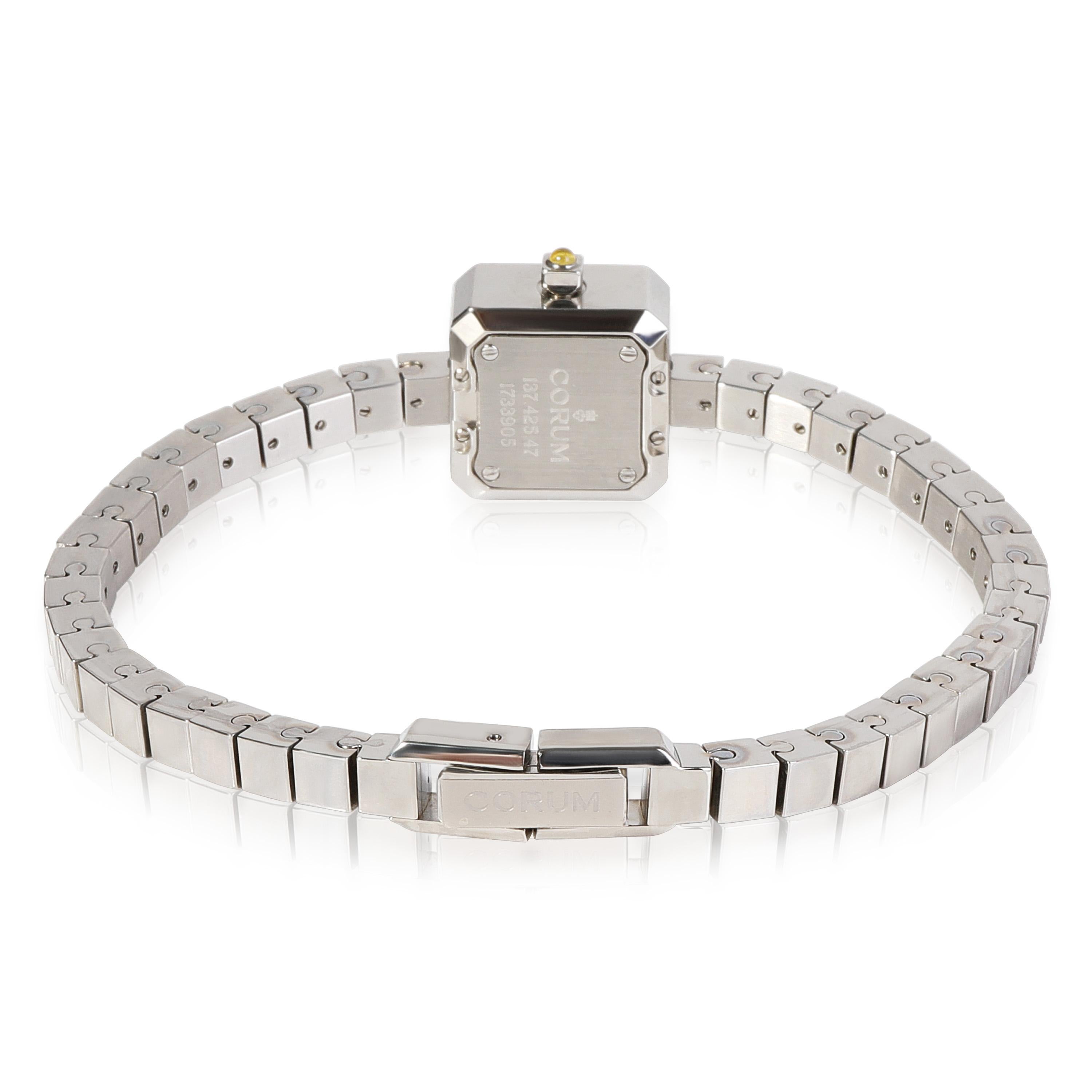 Corum Sugar Cube 137.425.47 Women's Watch in  Stainless Steel

SKU: 116466

PRIMARY DETAILS
Brand: Corum
Model: Sugar Cube
Country of Origin: Switzerland
Movement Type: Quartz: Battery
Year of Manufacture: 2000-2009
Condition: Retail price is 3800