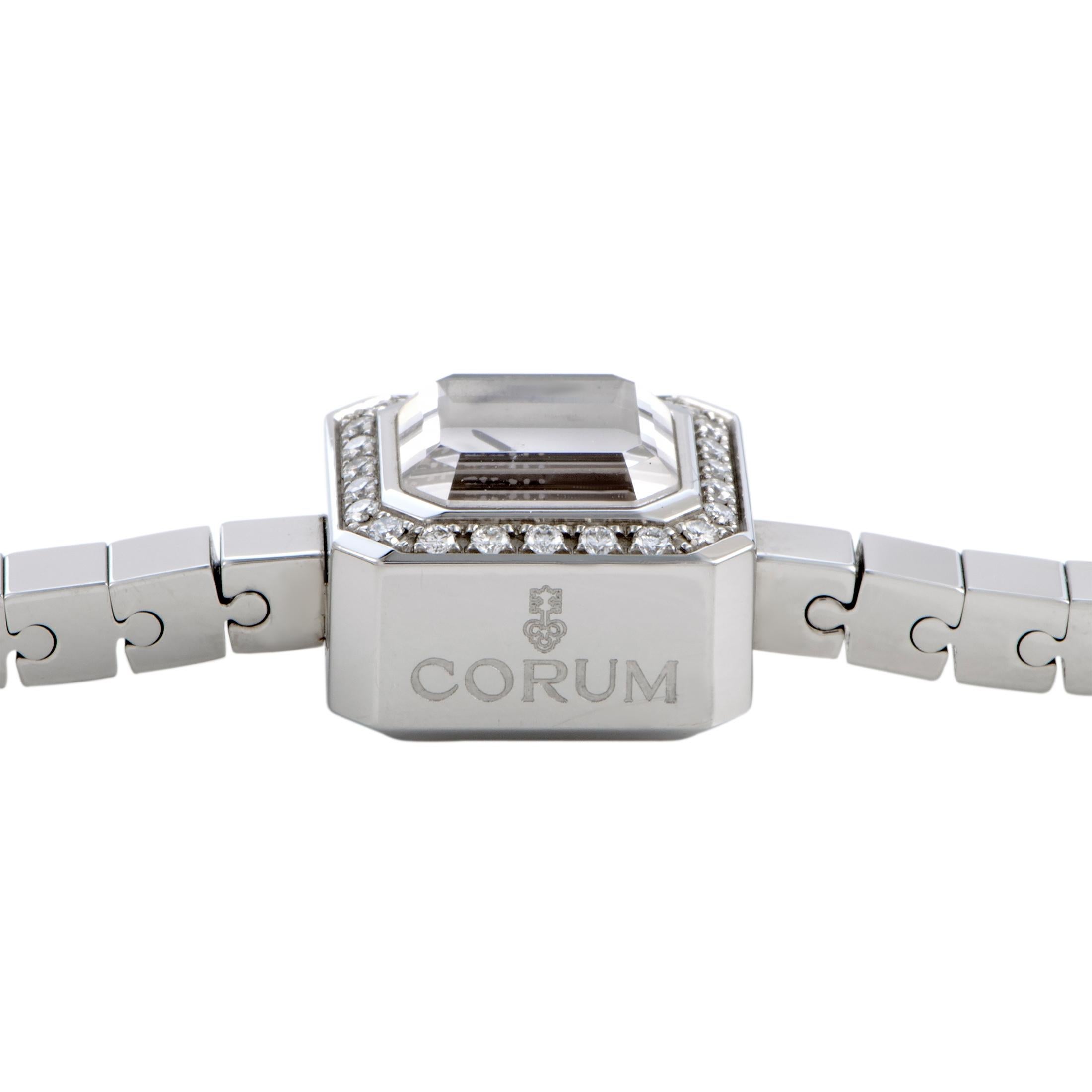 Utmost minimalism and fascinating subtlety are embodied in this brilliant timepiece from Corum that relies on exceptionally neat shapes and splendidly clear surfaces for a truly intriguing appearance while the sparkling diamonds provide a stylish