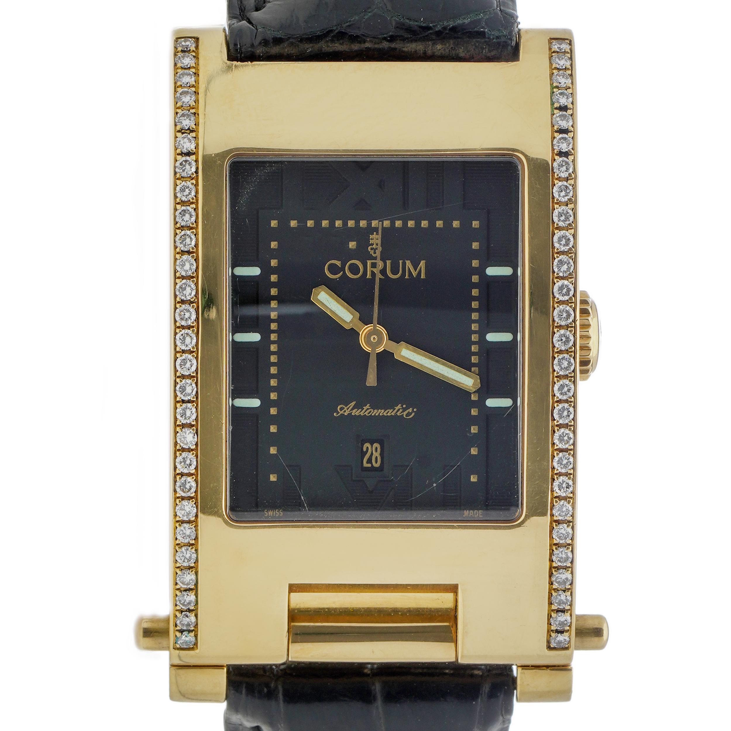 CORUM TABOGAN/ table watch model 18kt. yellow gold and diamonds unisex wristwatch with the original leather strap. 

Item Specifics:
Bracelet material: Black leather
Movement: Automatic 
Strap Colour: Black 
Dial Colour: Black
Clasp: Buckle
Clasp