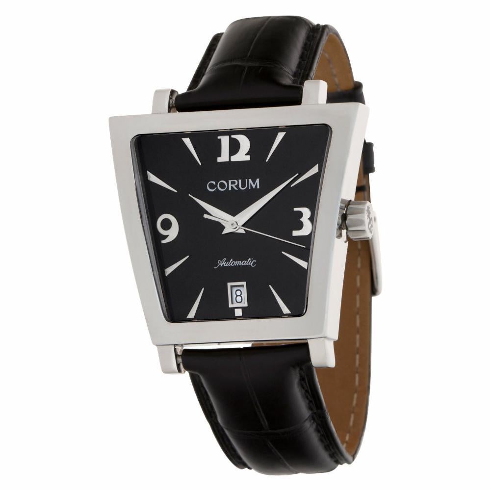 Corum Trapeze in stainless steel on leather strap. Auto w/ sweep seconds and date. 33 mm case size. Ref 82.404.20. Circa 2000s. Fine Pre-owned Corum Watch. Certified preowned Dress Corum Trapeze 82.404.20 watch is made out of Stainless steel on a