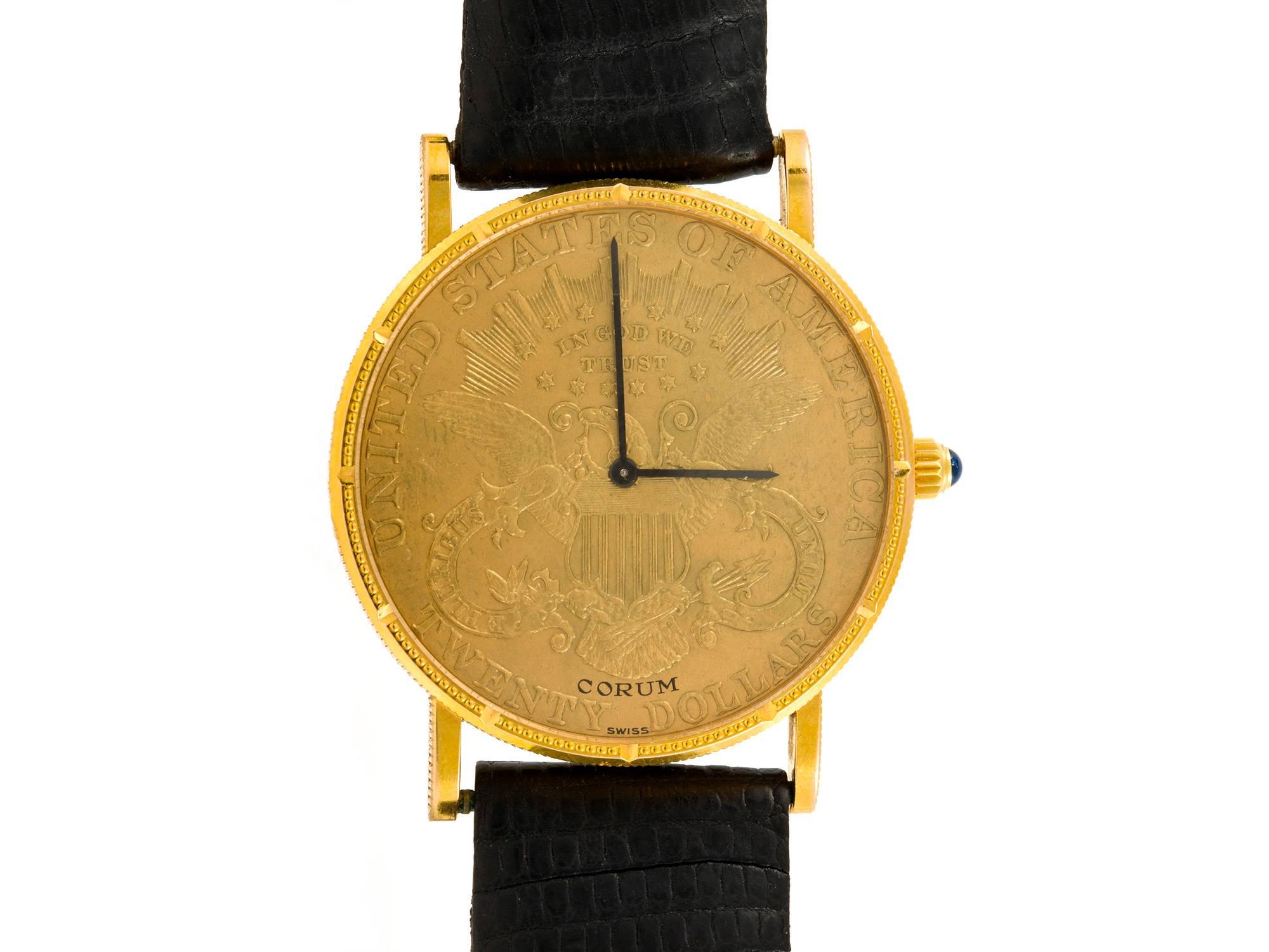 Corum twenty Dollars Us Coin watch finely crafted in 18k yellow gold on the leather strap, Quartz movement, sapphire crown, sapphire crystal, water resistant. Case diameter 35mm