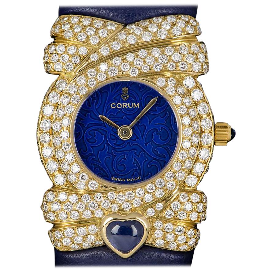 Corum Unworn Diamond Set Dress Watch Ladies NOS 18 Karat Gold Blue Dial 24.412