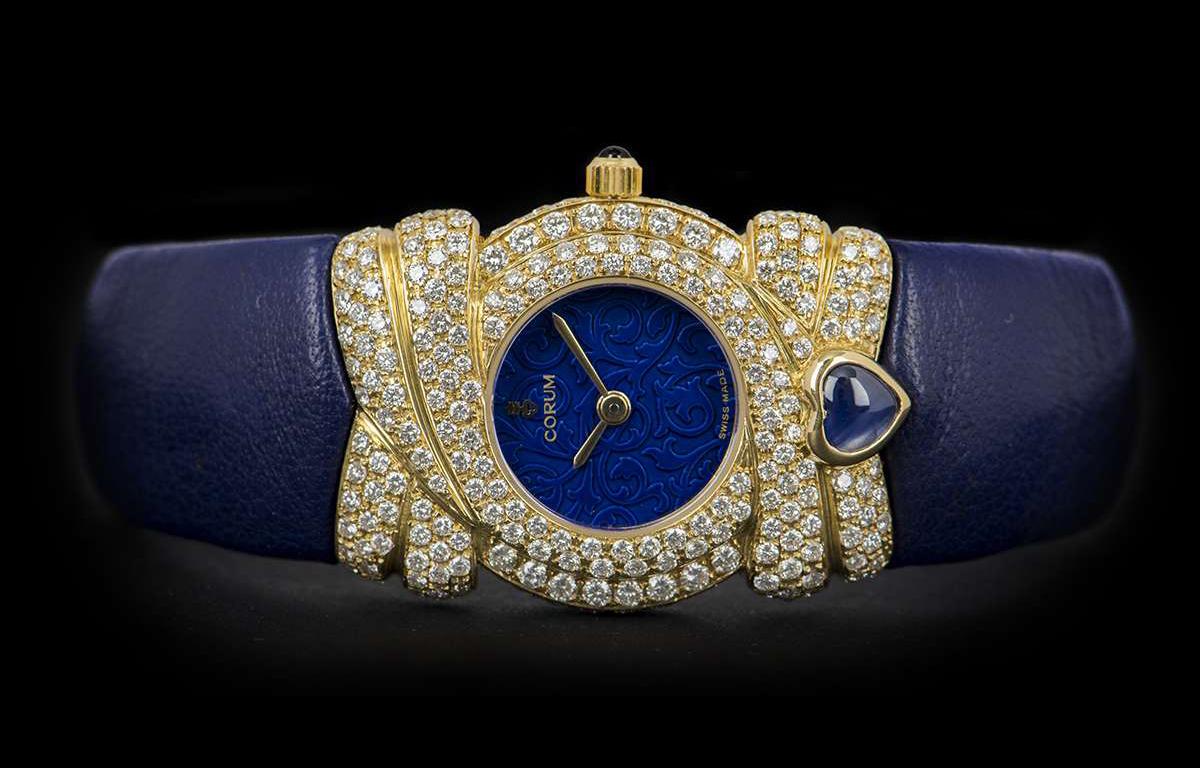 Round Cut Corum Unworn Diamond Set Dress Watch Ladies NOS 18 Karat Gold Blue Dial 24.412