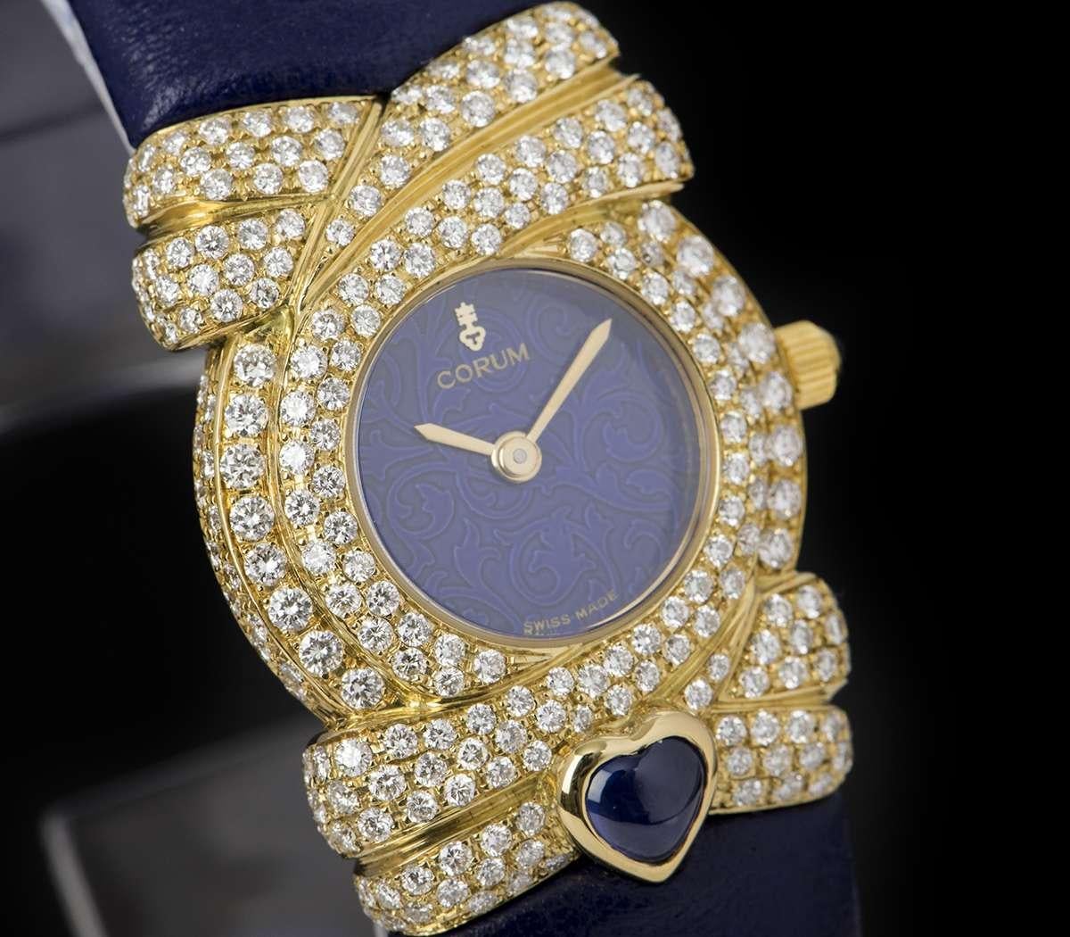 Corum Unworn Diamond Set Dress Watch Ladies NOS 18 Karat Gold Blue Dial 24.412 In Excellent Condition In London, GB