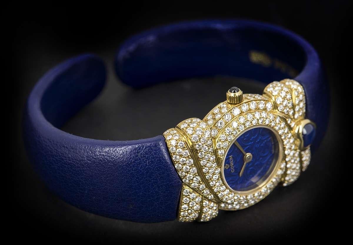 Women's Corum Unworn Diamond Set Dress Watch Ladies NOS 18 Karat Gold Blue Dial 24.412