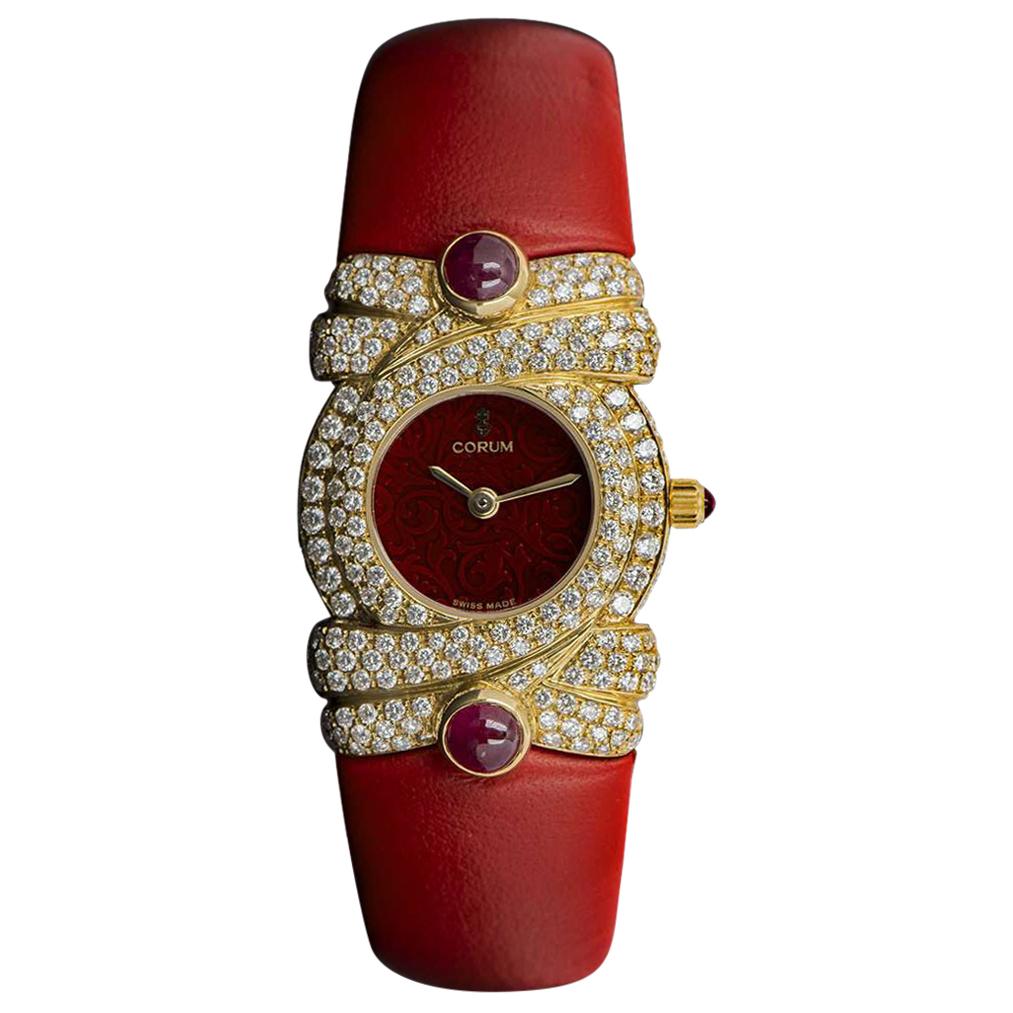 Corum Unworn Diamond Set Dress Watch Ladies NOS 18 Karat Yellow Gold Red Dial
