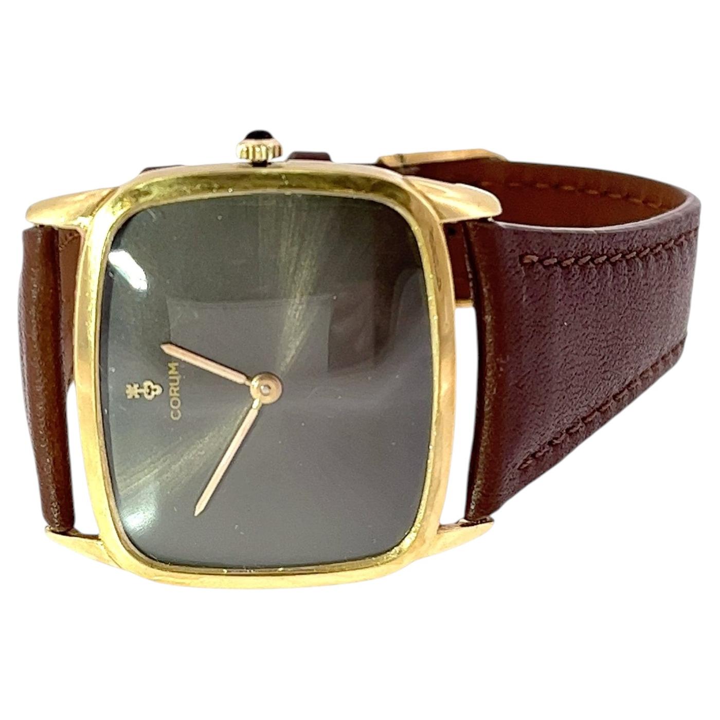 Corum Vintage Tank Watch – 18ct Yellow Gold, Brown Sunburst Dial