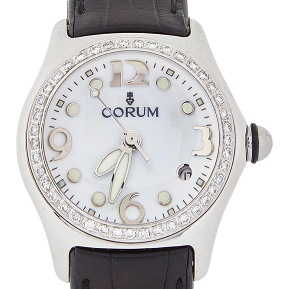 Contemporary Corum White Stainless Steel Diamond Bubble 39.250.20 Women's Wristwatch 36 mm