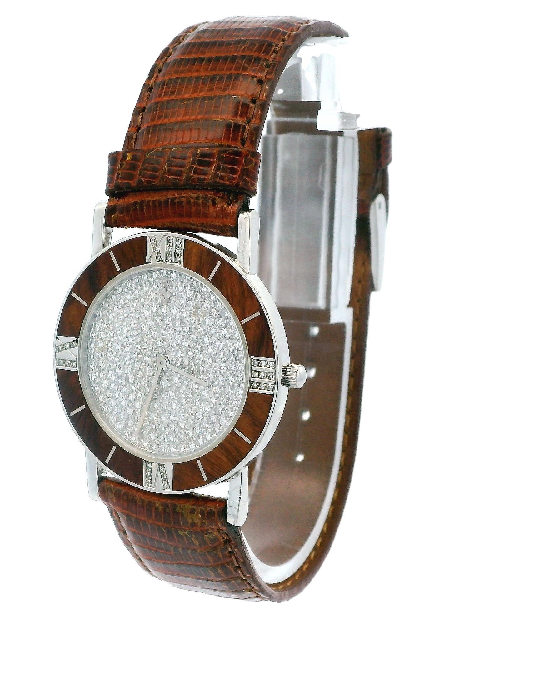 Corum Wood Roman Diamond Bezel Pave Dial Platinum Watch In Good Condition For Sale In Great Neck Plaza, NY