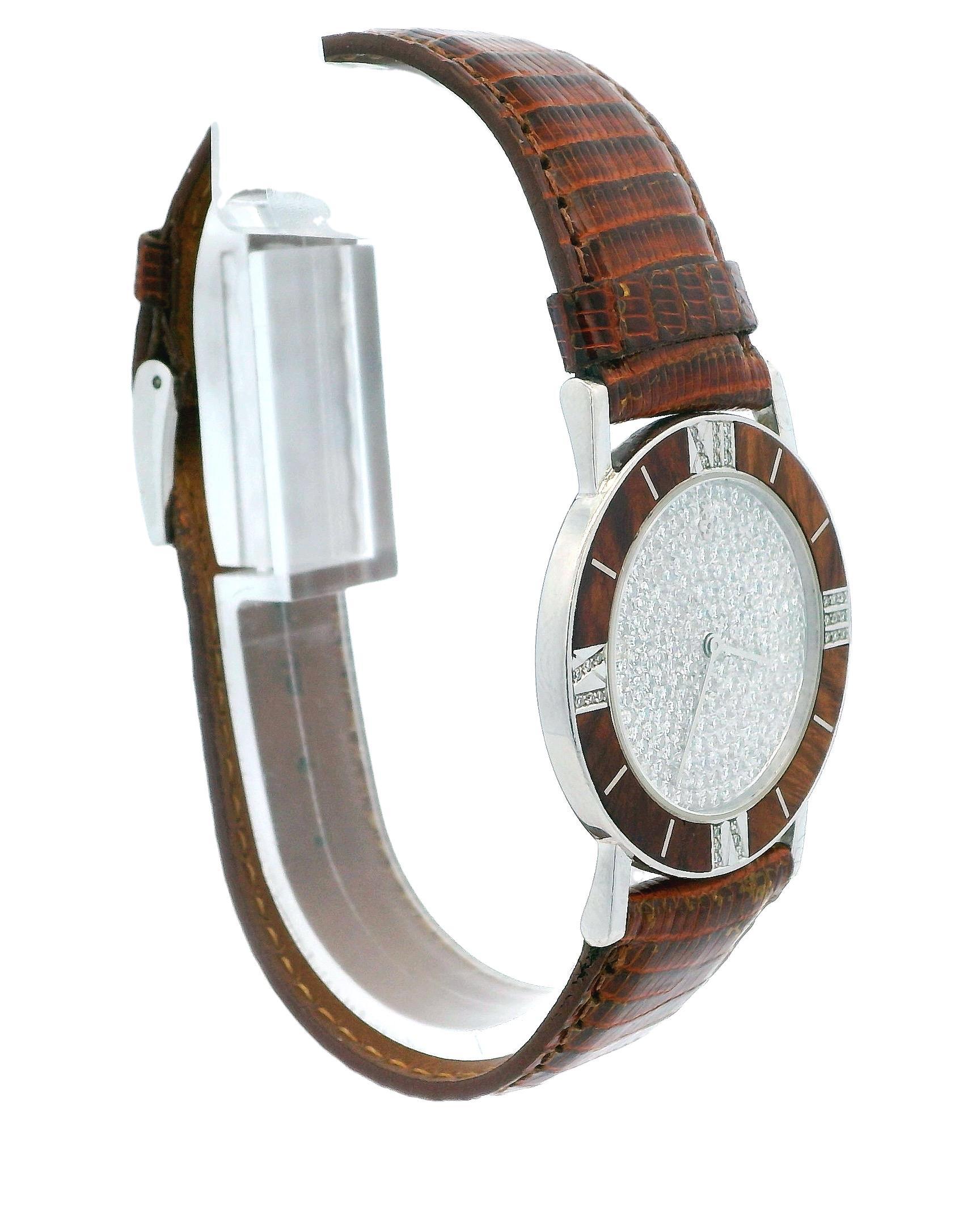 Women's Corum Wood Roman Diamond Bezel Pave Dial Platinum Watch For Sale