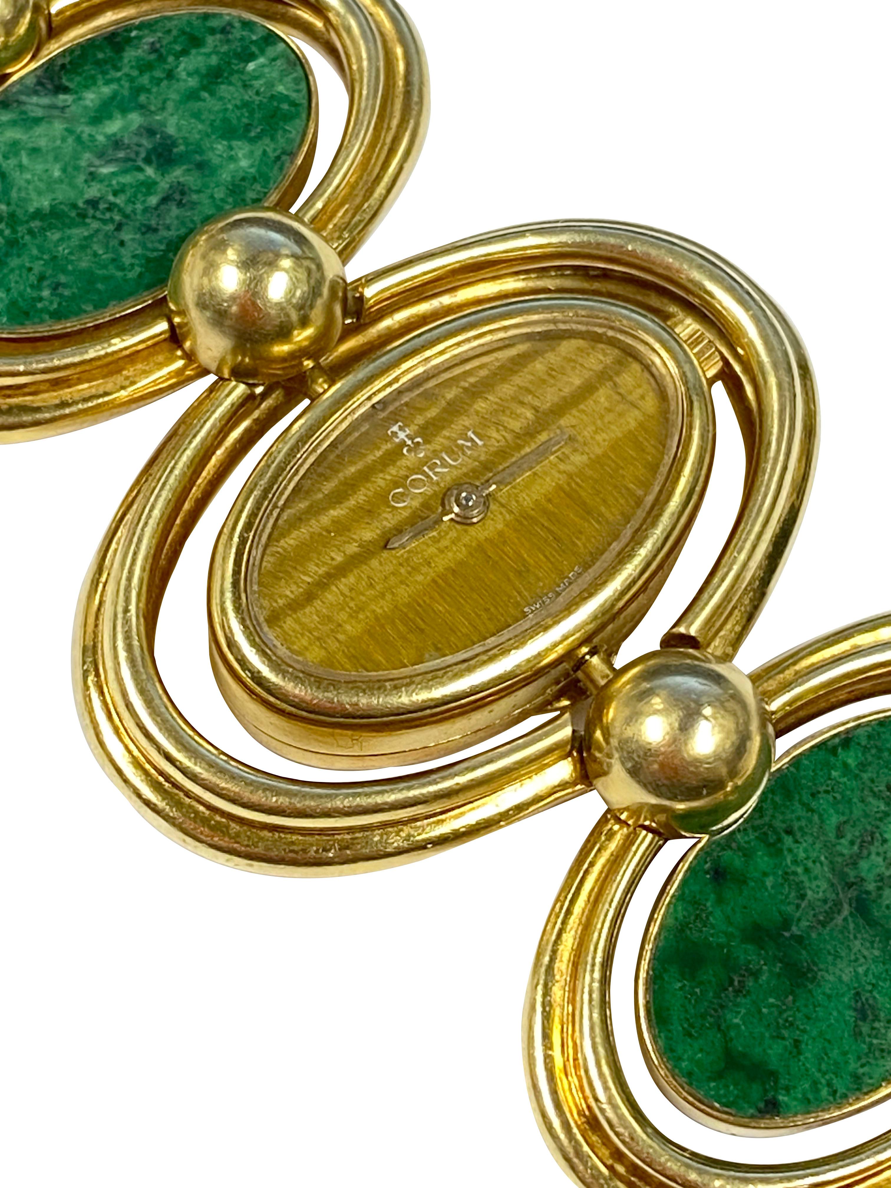 Cabochon Corum Yellow Gold Tiger Eye and Malachite reversible 1980s Wrist Watch