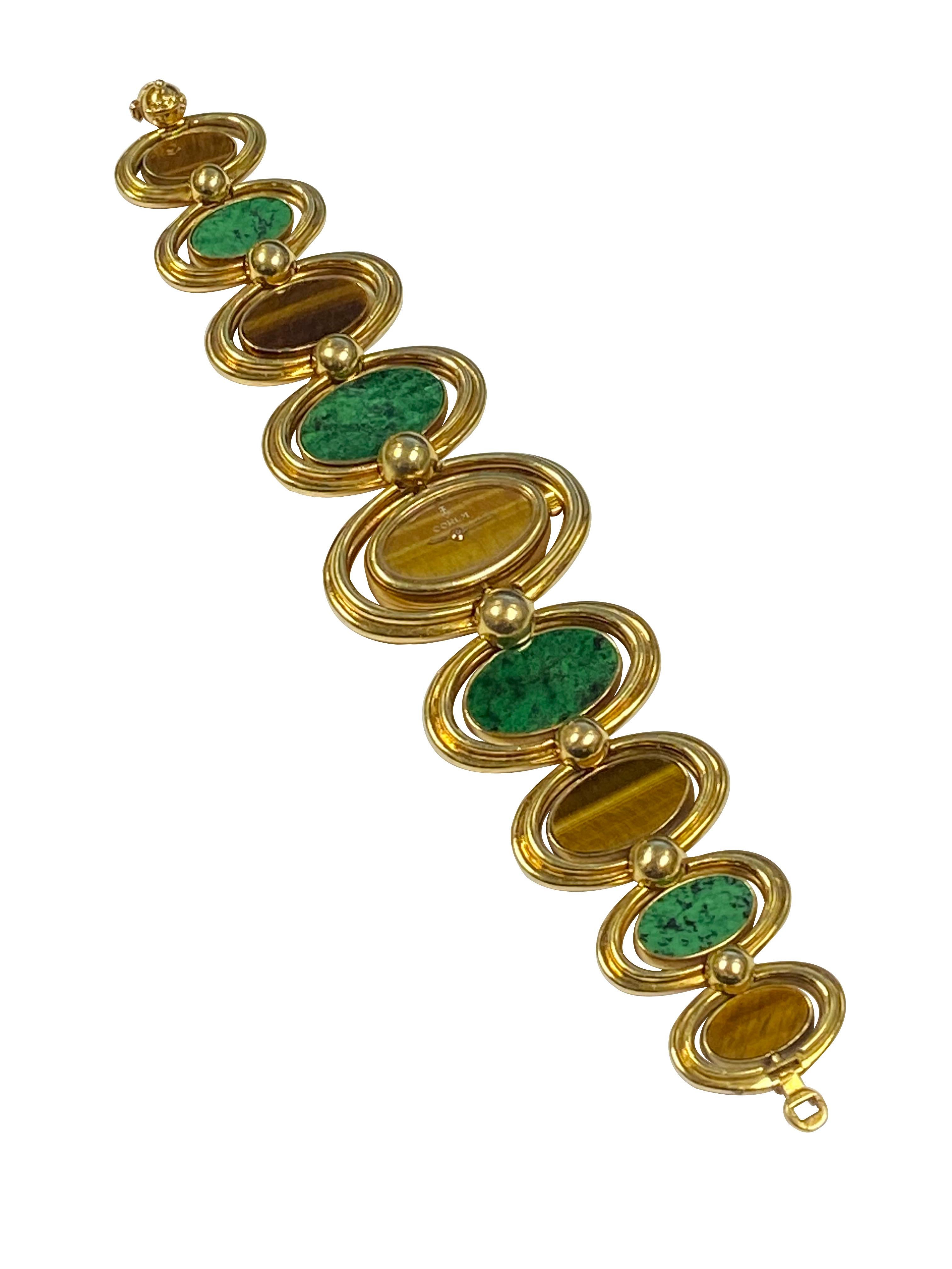 Women's Corum Yellow Gold Tiger Eye and Malachite reversible 1980s Wrist Watch