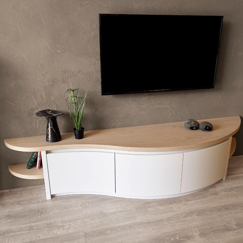 Modern sideboard with light wood top and white doors. Corvara is an iconic and recognizable item by Midarte, a true bestseller of Design. The piece of furniture can accommodate, either supported or hung, a Tv of even much larger dimensions, while
