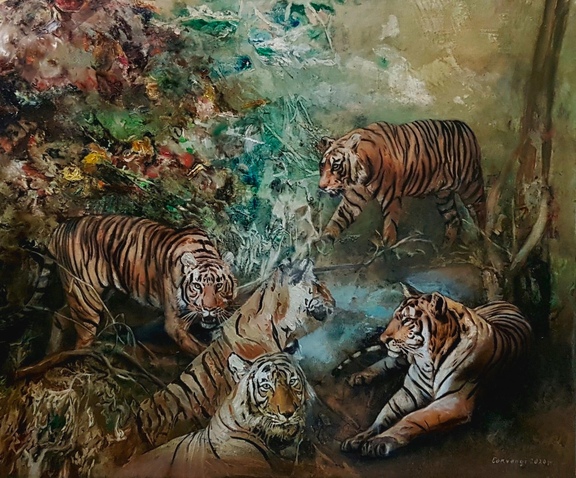 Corvengi Animal Painting - Baño de Tigres - 21st Cent., Contemporary, Figurative Oil Painting