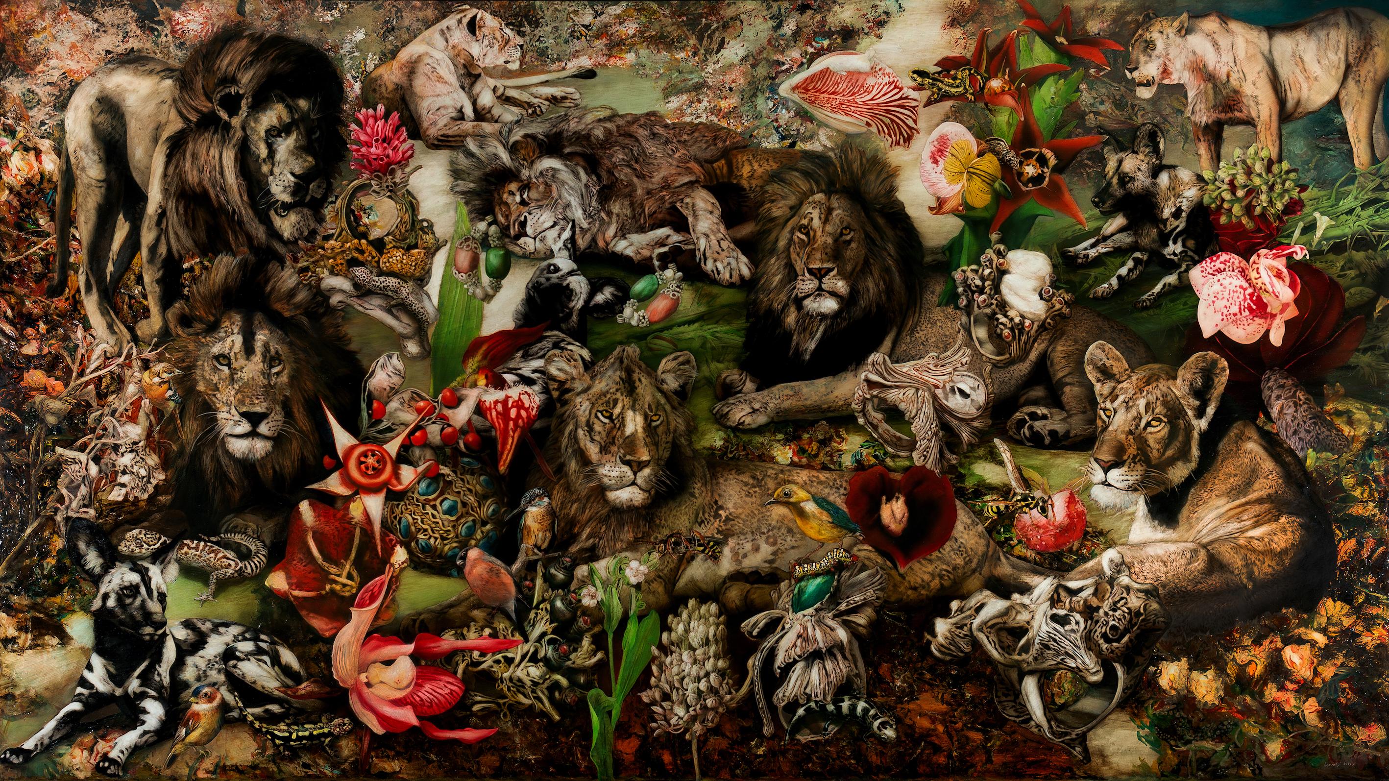 The Lion's Walk - 21e siècle, peinture figurative contemporaine, huile sur toile